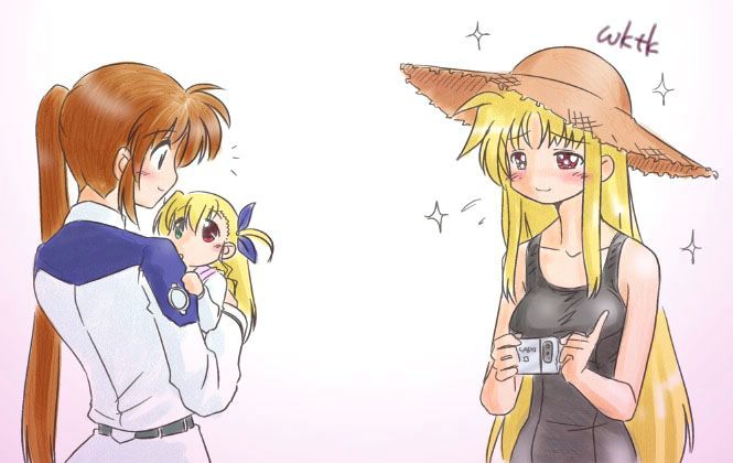 fate testarossa, takamachi nanoha, vivio, lyrical nanoha, mahou shoujo lyrical nanoha, mahou shoujo lyrical nanoha strikers, non-web source, 00s, 3girls, black one-piece swimsuit, blonde hair, brown hair, camera, hat, long hair, military, military uniform, multiple girls, one-piece swimsuit, red eyes, school swimsuit, side ponytail, sparkle, swimsuit