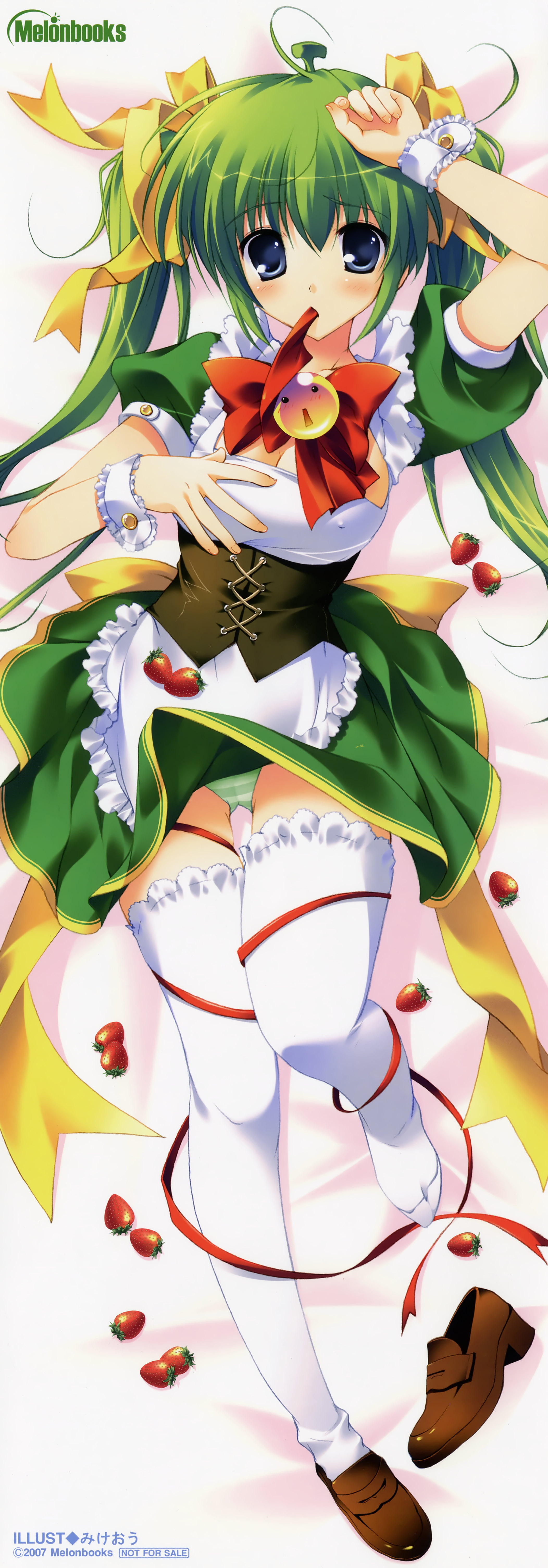mikeou, melon-chan, melonbooks, absurdres, highres, long image, tall image, 1girl, blue eyes, bow, breasts, clothes lift, covered erect nipples, dakimakura (medium), dress, female focus, food, fruit, full body, green hair, green panties, loafers, long hair, medium breasts, miniskirt, mouth hold, panties, pantyshot, poster (medium), ribbon, shoes, single shoe, skirt, skirt lift, solo, strawberry, striped clothes, striped panties, thighhighs, twintails, two-tone panties, two-tone stripes, underwear, waitress, white thighhighs, wind, wind lift, yellow bow