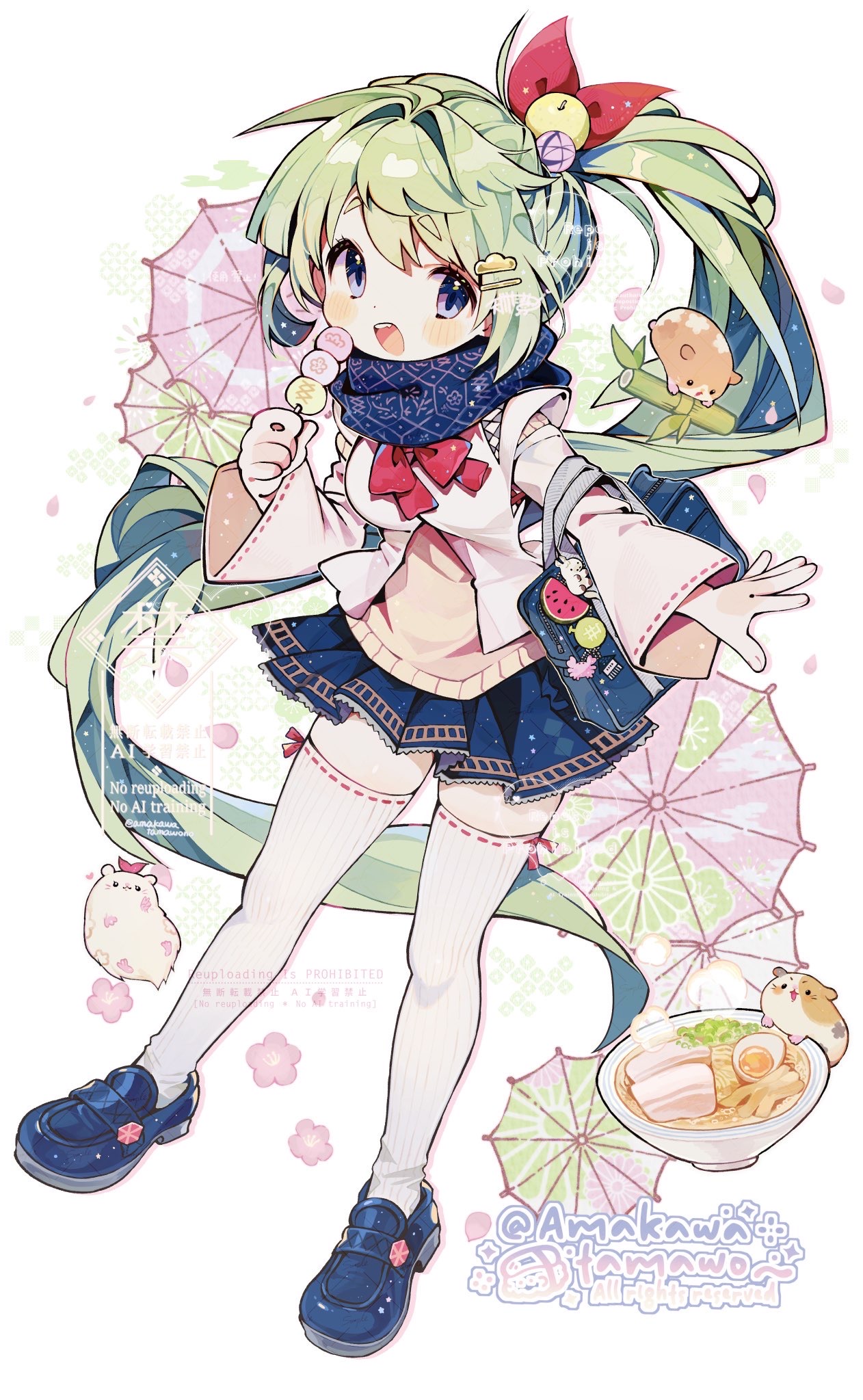 amakawa tamawo, original, commentary request, highres, 1girl, bag, blue scarf, blue shoes, blue skirt, blush, bow, bowl, bowtie, breasts, dango, egg (food), food, full body, green hair, grey eyes, guinea pig, hair ribbon, holding, holding food, loafers, long hair, long sleeves, looking at viewer, medium breasts, miniskirt, open mouth, pink sweater, pleated skirt, ponytail, red bow, red bowtie, red ribbon, ribbon, ribbon-trimmed sleeves, ribbon-trimmed thighhighs, ribbon trim, scarf, school bag, school uniform, shirt, shoes, simple background, skirt, solo, soup, standing, sweater, thighhighs, very long hair, wagashi, watermark, white background, white shirt, white thighhighs, zettai ryouiki
