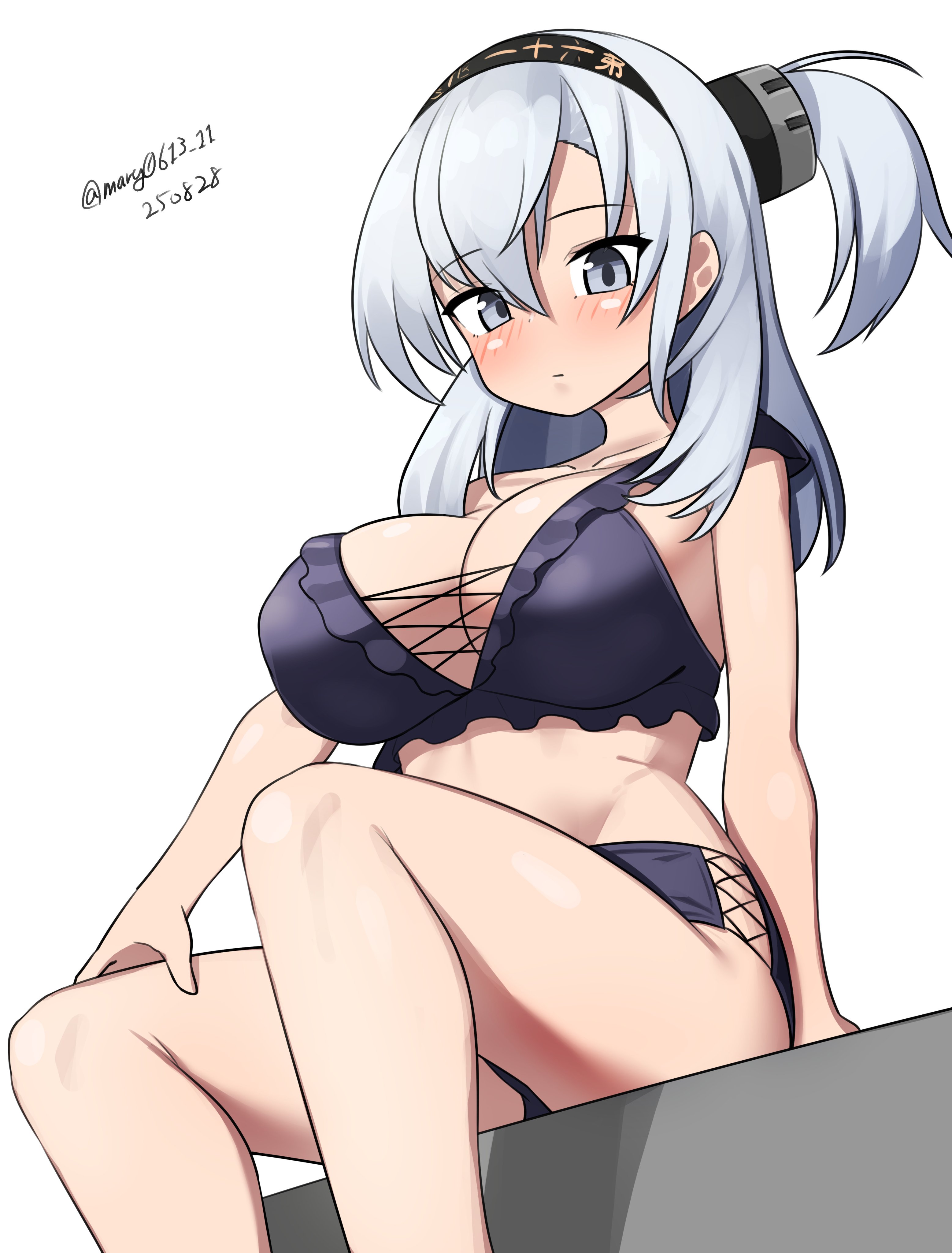 maru (marg0613), naganami (kancolle), naganami kai ni (kancolle), suzutsuki (kancolle), kantai collection, absurdres, highres, 1girl, bikini, black bikini, black hairband, breasts, cosplay, cross-laced clothes, dated, feet out of frame, frilled bikini, frills, grey eyes, hairband, headgear, large breasts, looking at viewer, naganami (kancolle) (cosplay), naganami kai ni (kancolle) (cosplay), naganami kai ni (swimsuit) (kancolle), one-hour drawing challenge, one side up, simple background, solo, swimsuit, twitter username, white background, white hair