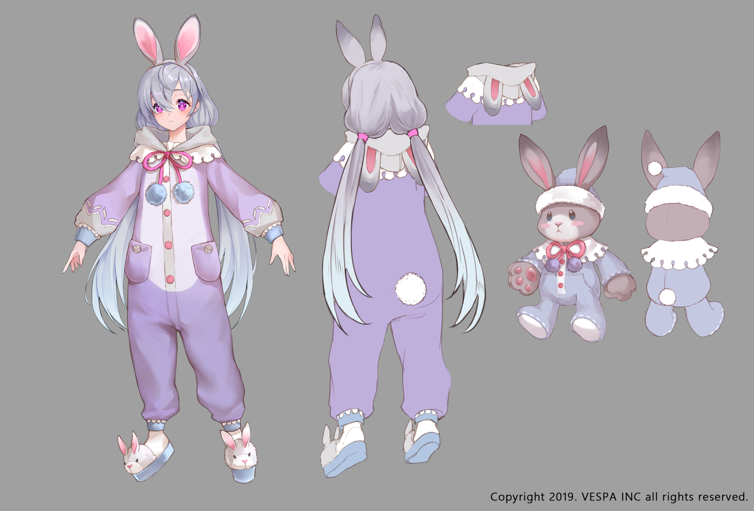 ezu (leejiyu), lavril (king's raid), king's raid, commentary, concept art, english commentary, highres, official art, 1girl, animal ear hairband, animal ears, animal hood, animal slippers, blue hat, blue pajamas, blush stickers, bow, bunny slippers, buttons, cross-shaped pupils, fake animal ears, full body, fur-trimmed headwear, fur trim, grey hair, hairband, hat, hood, long hair, long sleeves, multiple views, official alternate costume, onesie, pajamas, pink bow, pocket, pom pom (clothes), purple eyes, purple pajamas, rabbit ear hairband, rabbit ears, rabbit hood, rabbit tail, reference sheet, slippers, solo, stuffed animal, stuffed rabbit, stuffed toy, symbol-shaped pupils, tail, turnaround, twintails, very long hair, white fur, white pajamas