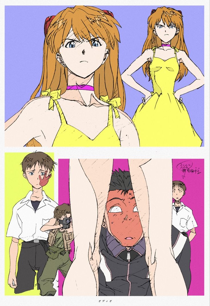 aida kensuke, ikari shinji, souryuu asuka langley, neon genesis evangelion, 1girl, 2boys, accidental pervert, angry, black hair, blue eyes, brown hair, camera, dress, frown, glasses, hand on own hip, legs, long hair, looking at another, multiple boys, school uniform, standing, sundress, track suit, upskirt, view between legs