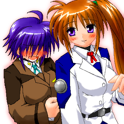 subaru nakajima, takamachi nanoha, lyrical nanoha, mahou shoujo lyrical nanoha, mahou shoujo lyrical nanoha strikers, lowres, non-web source, 00s, 2girls, blue hair, blush, military, military uniform, multiple girls, oekaki, red hair, side ponytail