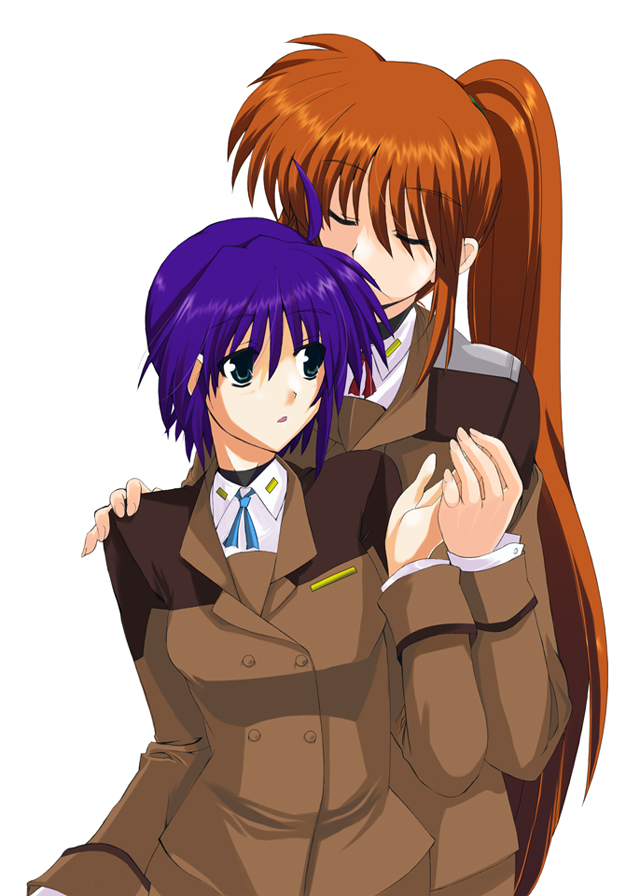 subaru nakajima, takamachi nanoha, lyrical nanoha, mahou shoujo lyrical nanoha, mahou shoujo lyrical nanoha strikers, non-web source, 00s, 2girls, closed eyes, military, military uniform, multiple girls, side ponytail, yuri