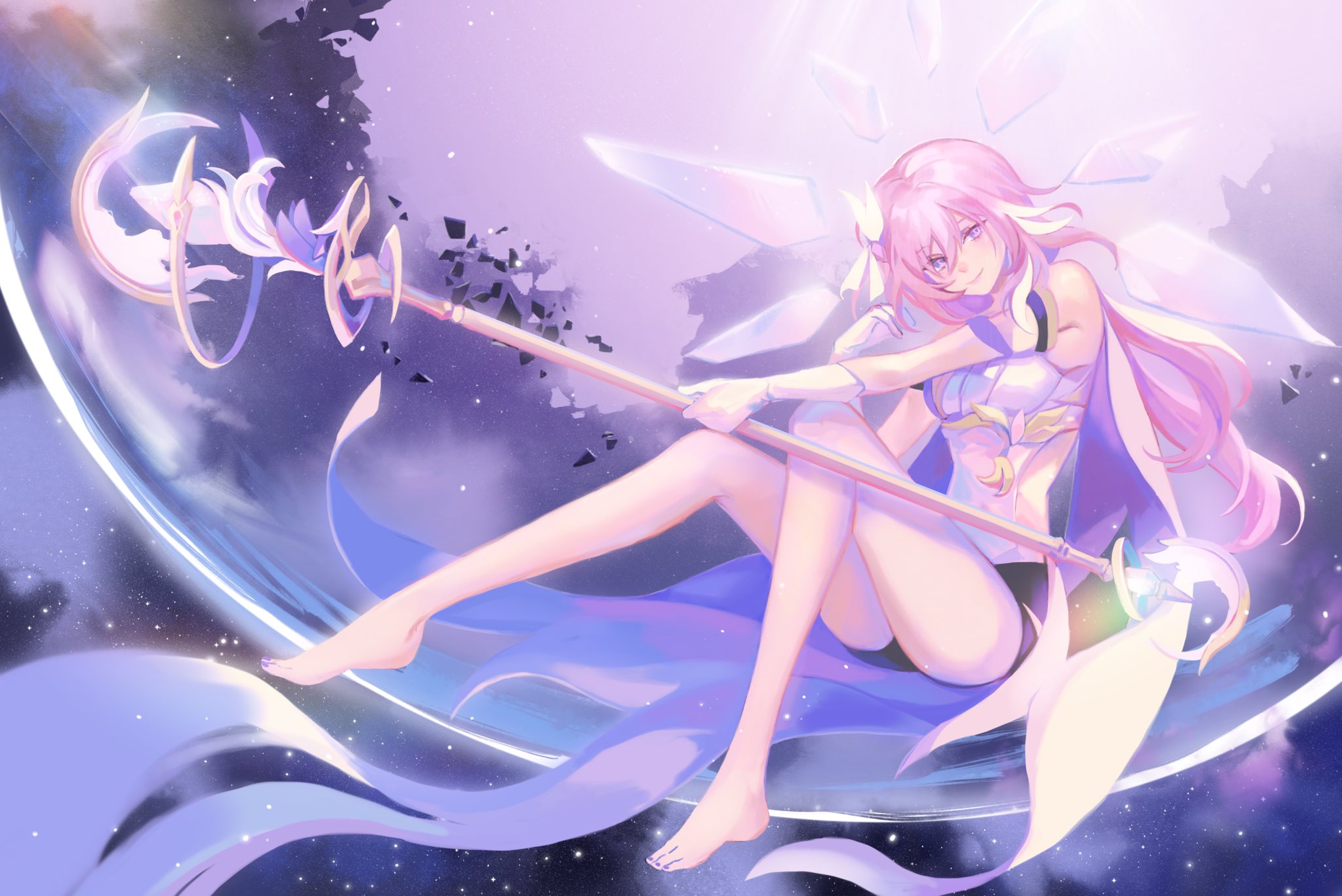 berrysoooda, elysia (herrscher of human: ego) (honkai impact), elysia (honkai impact), honkai (series), honkai impact 3rd, commentary, highres, symbol-only commentary, 1girl, bare legs, barefoot, black shorts, breasts, corset, crystal shards, diamond-shaped pupils, diamond (shape), feet, floating, holding, holding staff, long hair, medium breasts, multicolored hair, pink hair, purple eyes, shorts, solo, staff, symbol-shaped pupils, toes, two-tone hair, very long hair, white corset, white hair