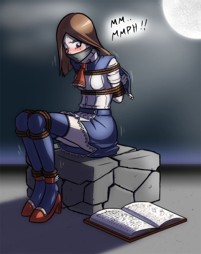 wossarem, charlotte aulin, akumajo dracula, castlevania: portrait of ruin, castlevania (series), tied, bdsm, blush, bondage, book, bow, brown hair, gag, high heels, miniskirt, shoes, sitting, skirt, sweat, thighhighs