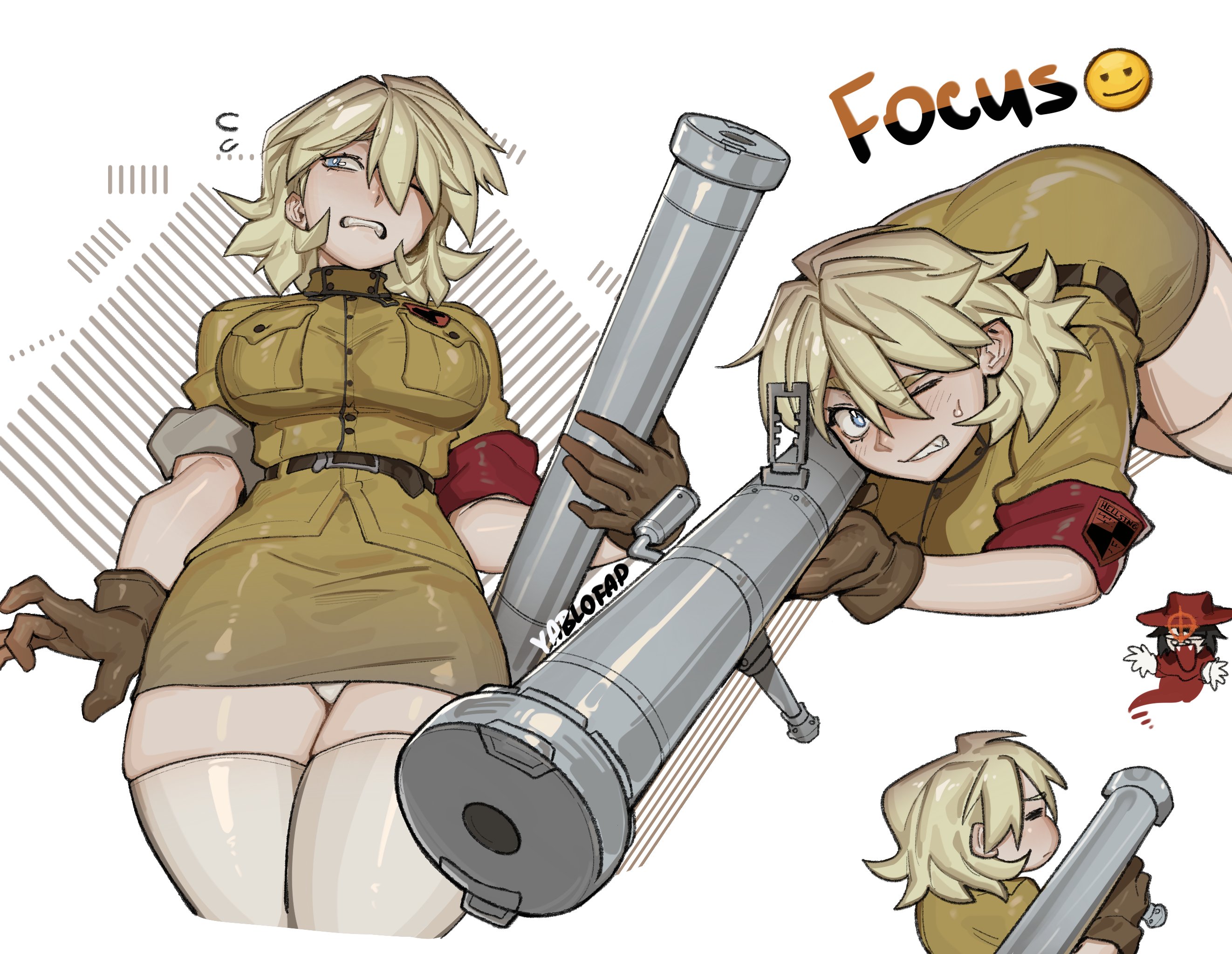 alohapz, alucard (hellsing), seras victoria, hellsing, highres, 1boy, 1girl, ass, black hair, blonde hair, blue eyes, breasts, brown jacket, brown skirt, chibi, clenched teeth, english text, from behind, hat, holding, holding weapon, jacket, large breasts, multiple views, one eye closed, panties, red hat, skirt, spiked hair, teeth, top-down bottom-up, underwear, weapon, white panties