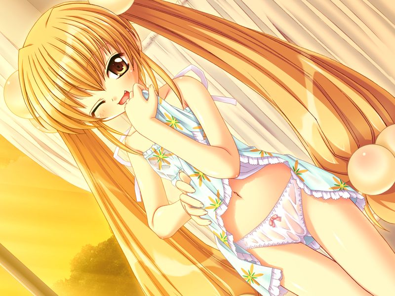 saitou tsukasa, kokonoe rin, kodomo no jikan, naisho no jikan, game cg, 00s, 1girl, blonde hair, blush, bow, bow panties, cameltoe, clothes lift, curtains, dress, dress lift, dutch angle, fang, hair bobbles, hair ornament, indoors, lifting own clothes, loli, long hair, navel, nipples, one eye closed, open mouth, panties, pink bow, presenting, print dress, see-through clothes, solo, sunset, thigh gap, twintails, underwear, wet, wet clothes, white panties, window, wink, yellow eyes