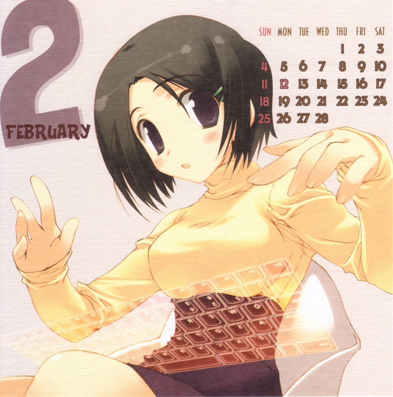 amazuyu tatsuki, original, 00s, 2007, black hair, calendar, computer keyboard, keyboard, short hair, solo