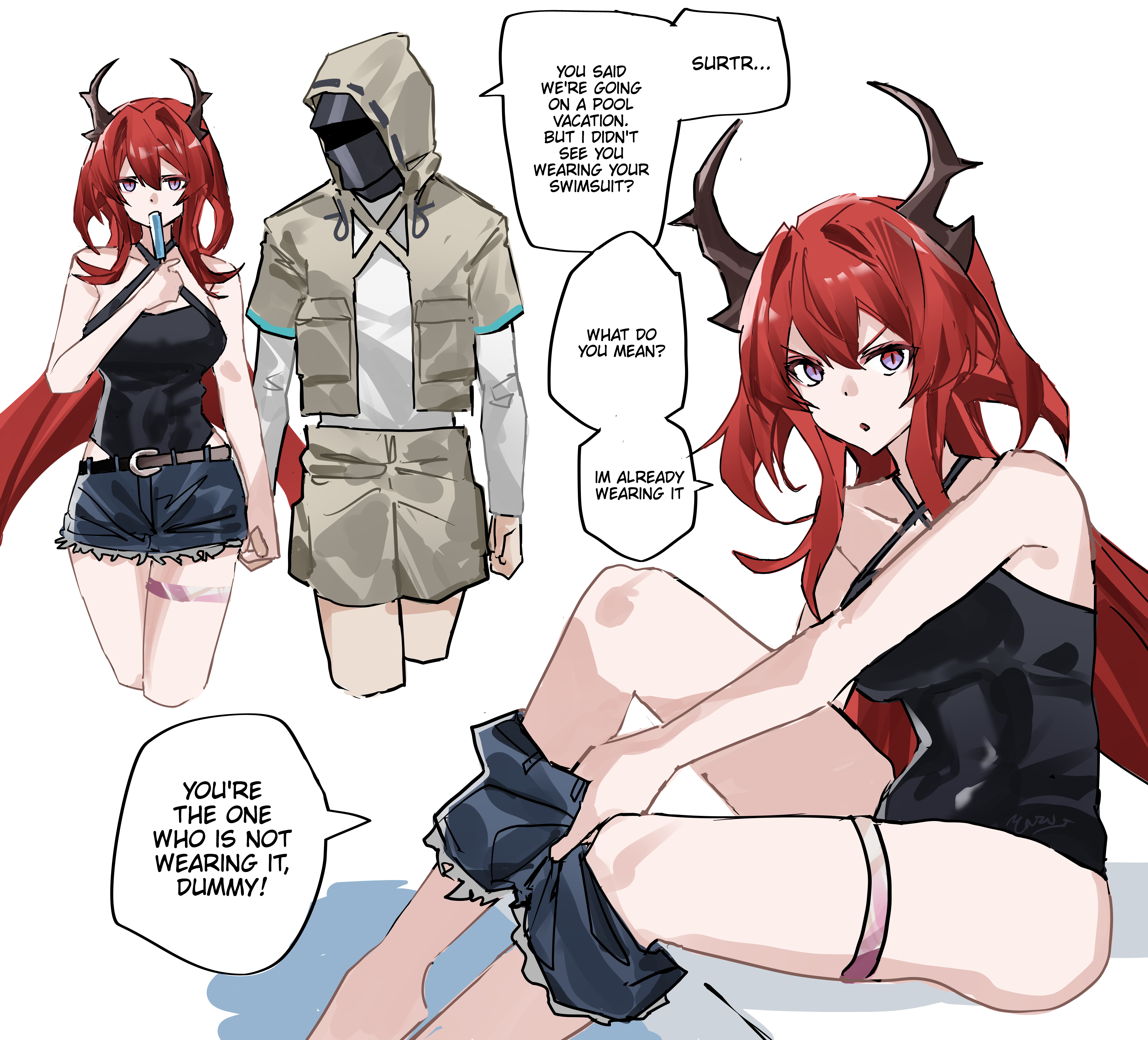 yazu (zoddiacz), doctor (arknights), surtr (arknights), arknights, absurdres, commentary, english commentary, highres, 1girl, 1other, alternate costume, ambiguous gender, bare arms, bare shoulders, belt, black horns, black one-piece swimsuit, breasts, collarbone, criss-cross halter, cropped legs, demon girl, demon horns, denim, denim shorts, doctor, english text, food, hair between eyes, hair intakes, halterneck, holding, holding food, holding hands, holding popsicle, hood, hood up, hooded jacket, horns, jacket, long hair, long sleeves, looking at viewer, one-piece swimsuit, open mouth, popsicle, purple eyes, red hair, short shorts, shorts, speech bubble, swimsuit, thigh strap, white background