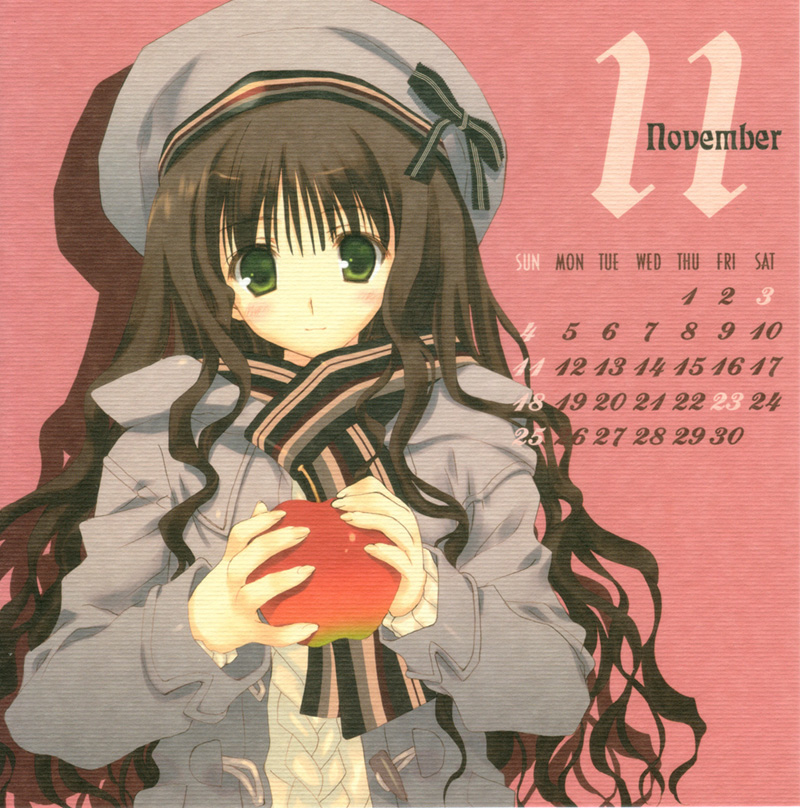 mitsumi misato, original, 00s, 1girl, 2007, apple, calendar, female focus, food, fruit, hat, holding, holding food, holding fruit, scarf, solo, striped clothes, striped scarf, upper body, wavy hair