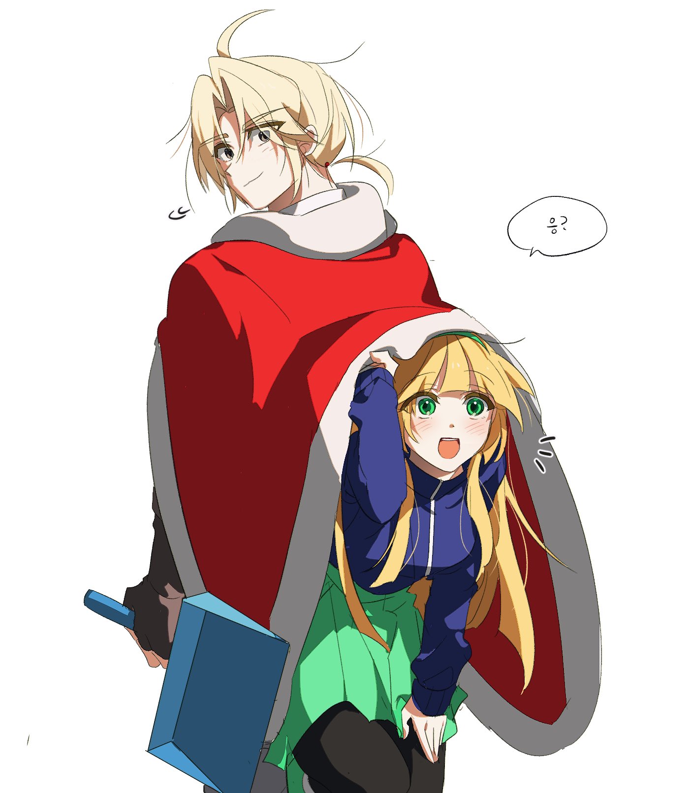 zombie high school, highres, 1boy, 1girl, ?, blonde hair, blue jacket, blush, cape, green eyes, green skirt, hairband, jacket, korean text, long hair, nam seon-ji, open mouth, opennep, pak chan-yeong, pantyhose, pleated skirt, red cape, simple background, skirt, smile, weapon, white background