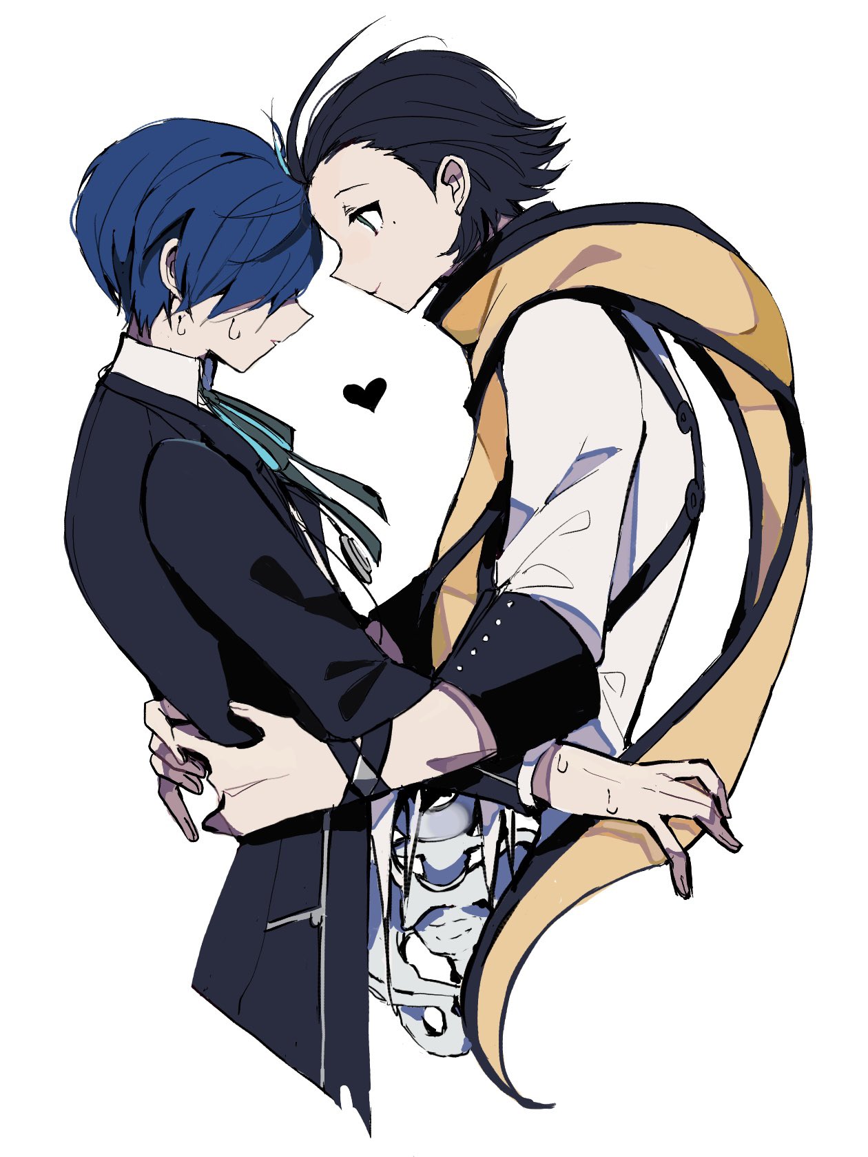 teketeke (tasutekete), mochizuki ryouji, yuuki makoto (persona 3), persona, persona 3, highres, 2boys, antenna hair, black jacket, blue eyes, closed mouth, collared shirt, heart, hug, jacket, looking at viewer, male focus, multiple boys, profile, scarf, shirt, short hair, simple background, sweat, white background, white shirt, yaoi, yellow scarf
