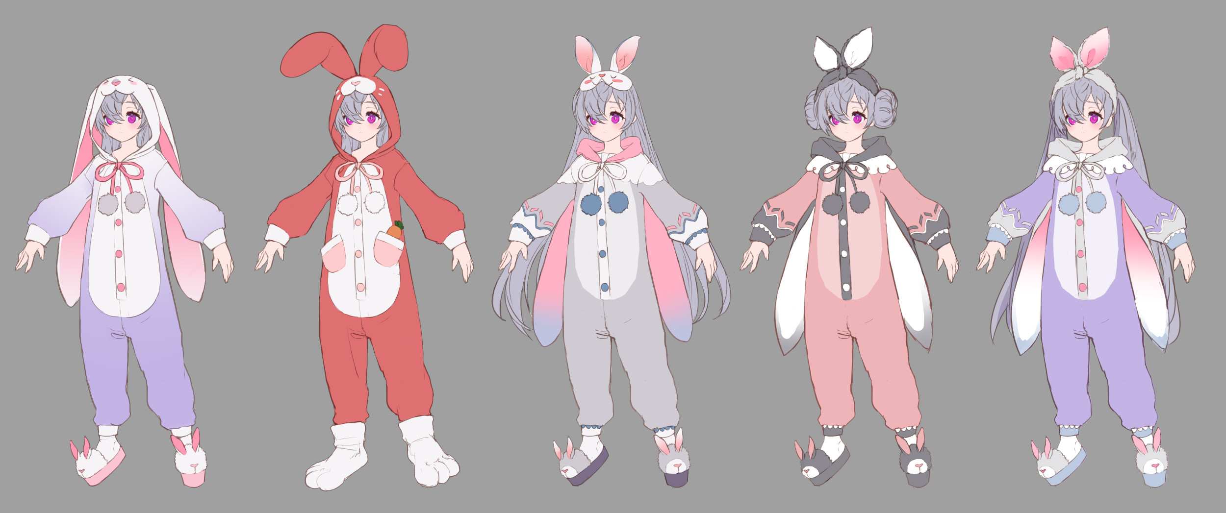 ezu (leejiyu), lavril (king's raid), king's raid, commentary, concept art, english commentary, highres, official art, 1girl, animal ears, animal hood, animal slippers, black bow, bow, bunny slippers, buttons, donut hair bun, double bun, full body, grey bow, grey hair, hair bun, hood, hood down, hood up, long hair, long sleeves, multiple views, official alternate costume, onesie, pajamas, pink bow, pom pom (clothes), purple eyes, purple pajamas, rabbit ears, rabbit hood, red pajamas, reference sheet, slippers, twintails, very long hair, white bow, white pajamas