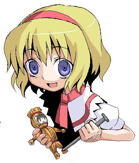 alice margatroid, hakurei reimu, bohemian archive in japanese red, touhou, 1girl, blonde hair, blue eyes, blush, bow, capelet, female focus, hairband, looking at viewer, nail (hardware), needle, open mouth, photo (object), puffy short sleeves, puffy sleeves, short hair, short sleeves, simple background, solo, straw doll, upper body, voodoo, voodoo doll, white background, yandere