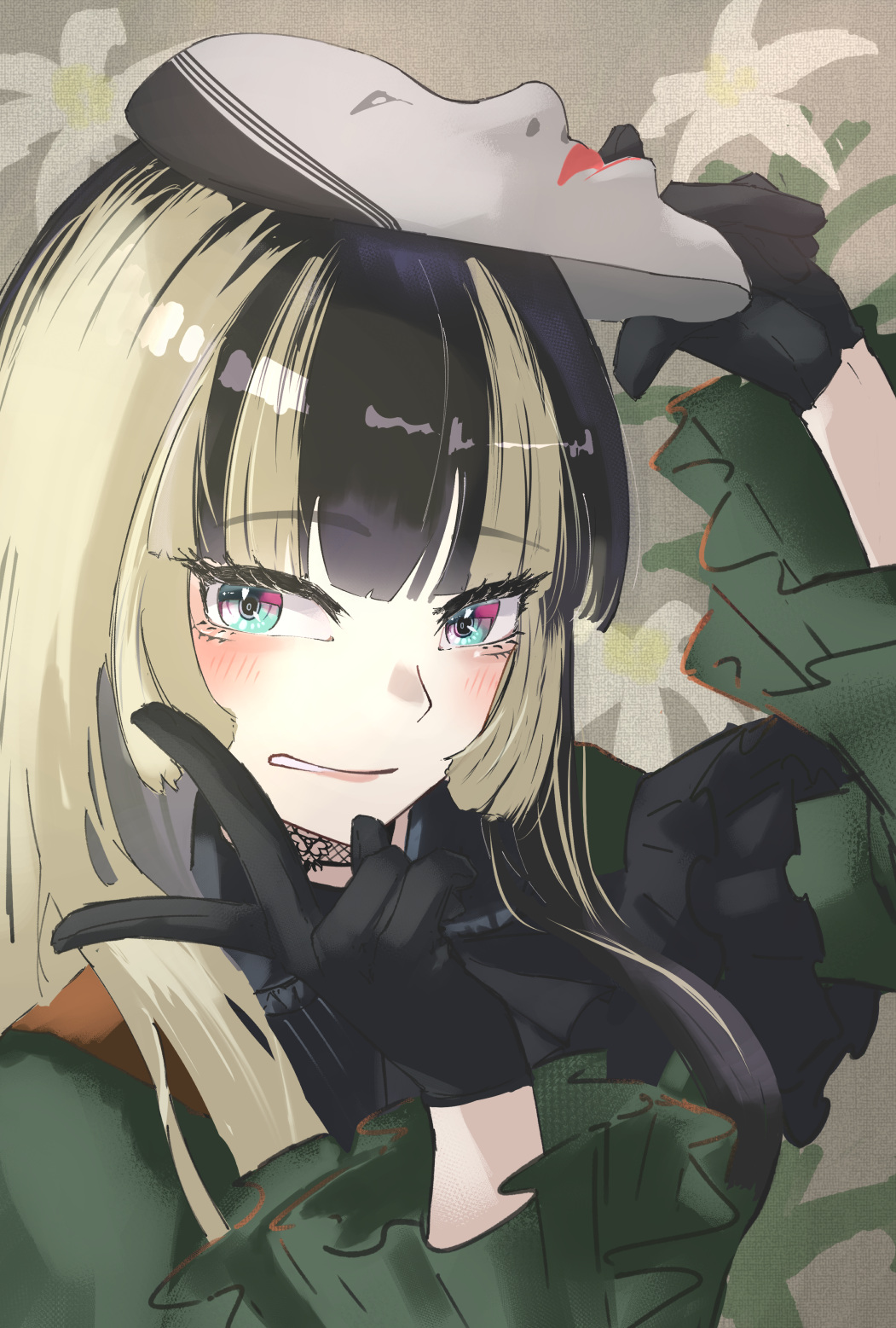 takuotsu (yamataku110203), juufuutei raden, juufuutei raden (1st costume), hololive, hololive dev is, commentary request, highres, 1girl, black gloves, black hair, dress, frilled dress, frills, gloves, green dress, looking at viewer, mask, multicolored hair, smug, solo, streaked hair, two-tone hair, virtual youtuber, white hair