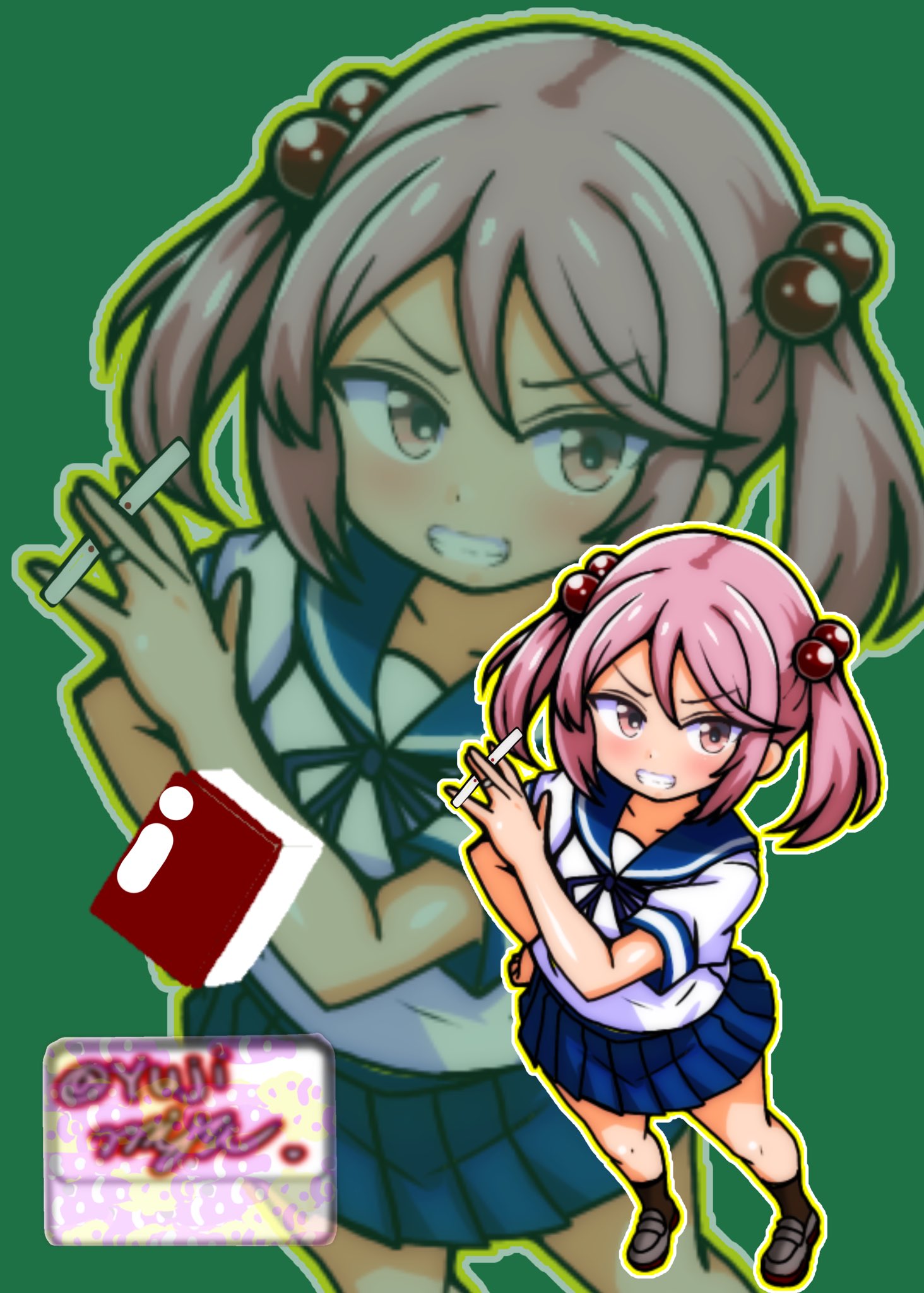 yujimiya, sazanami (kancolle), kantai collection, highres, 1girl, blue neckerchief, blue sailor collar, blue skirt, full body, green background, hair bobbles, hair ornament, holding tenbou, mahjong, neckerchief, one-hour drawing challenge, pink eyes, pink hair, pleated skirt, sailor collar, school uniform, serafuku, short hair, skirt, solo, tenbou, zoom layer