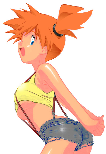 misty (pokemon), nintendo, pokemon, pokemon: the electric tale of pikachu, pokemon (anime), pokemon (classic anime), bad id, non-web source, 1girl, alternate color, arms behind back, ass, back, bare shoulders, blue eyes, blush, breasts, cleavage, cowboy shot, crop top, cropped legs, cutoffs, denim, denim shorts, female focus, from side, hair ornament, happy, hip focus, legs, looking at viewer, looking back, midriff, navel, open mouth, orange hair, ponytail, profile, revealing clothes, shiny skin, shirt, short hair, short ponytail, short shorts, shorts, side ponytail, simple background, sleeveless, sleeveless shirt, smile, solo, suspenders, tank top, tight clothes, tomboy, underboob, white background, wide hips, wide ponytail, yellow shirt