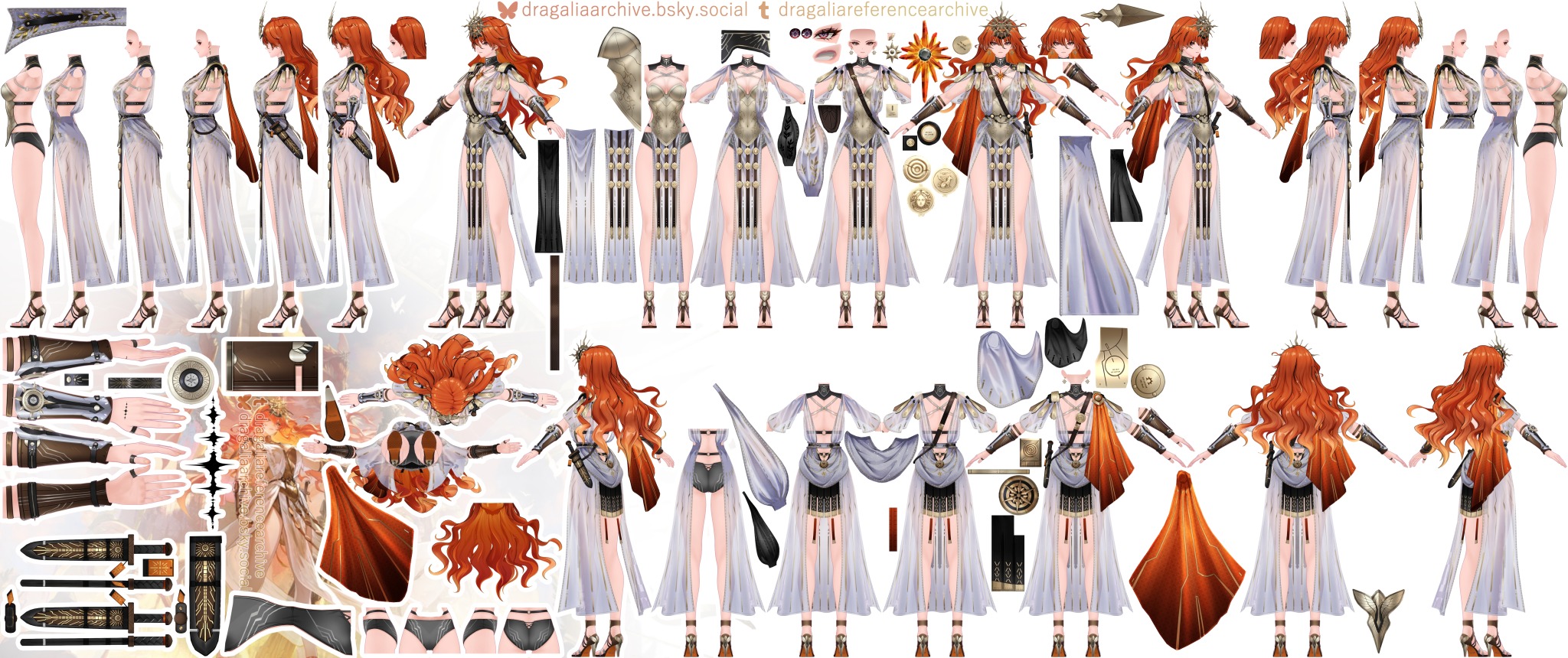 augusta (wuthering waves), wuthering waves, bad source, highres, armor, bare legs, breastplate, dress, earrings, greco-roman clothes, headgear, high heel sandals, jewelry, pelvic curtain, red eyes, red hair, reference sheet, sandals, sun earrings, sword, two-handed sword, weapon, white dress