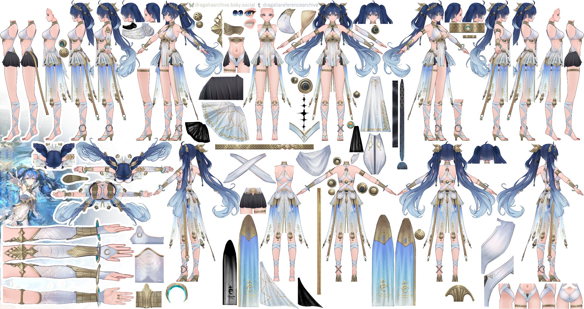 iuno (wuthering waves), wuthering waves, bad source, highres, ahoge, bare shoulders, blue eyes, blue hair, breasts, bridal gauntlets, cleavage, gold bra, gradient hair, greco-roman clothes, high heel sandals, jewelry, multicolored hair, reference sheet, sandals, twintails