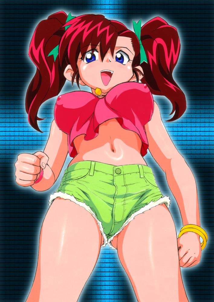 genka ichien, oogami marina, bakusou kyoudai let's & go!!, bakusou kyoudai let's & go!! max, 1girl, :d, bakusou kyoudai letu2019s & go max, blue eyes, bracelet, breasts, clenched hands, covered erect nipples, crop top, cutoffs, denim, denim shorts, female focus, from below, hair ribbon, impossible clothes, impossible shirt, jewelry, large breasts, midriff, navel, necklace, open mouth, red hair, ribbon, shirt, short shorts, short twintails, shorts, smile, solo, standing, thighs, torn clothes, twintails, wristband