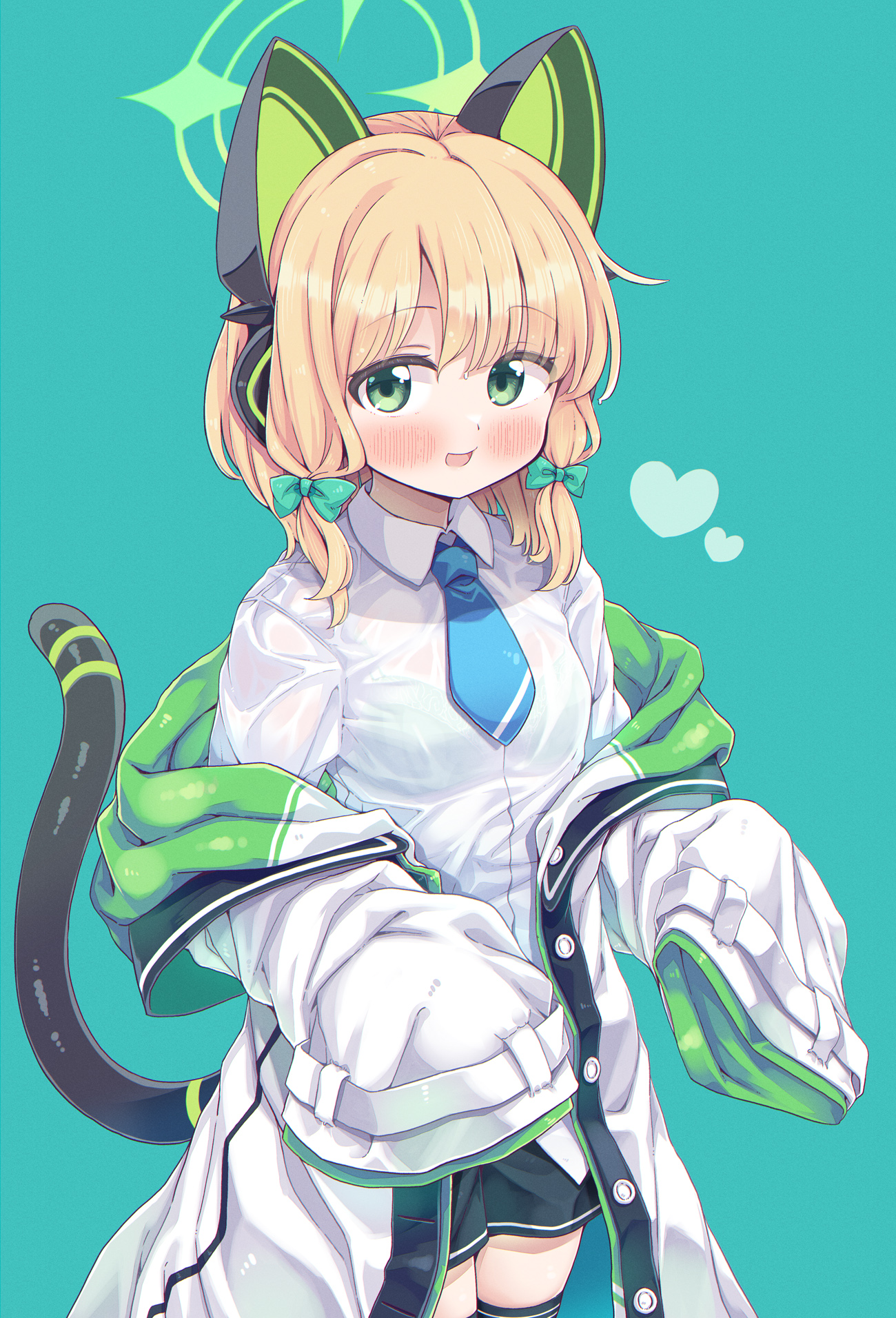takahero, midori (blue archive), blue archive, commentary request, highres, 1girl, animal ear headphones, animal ears, black shorts, black thighhighs, blonde hair, blue necktie, blush, bow, bra, bra visible through clothes, breasts, cat ear headphones, cat tail, fake animal ears, fake tail, green background, green bow, green bra, green halo, hair bow, halo, headphones, heart, jacket, long sleeves, looking at viewer, necktie, off shoulder, open mouth, see-through clothes, see-through shirt, shirt, short hair, shorts, simple background, sleeves past fingers, sleeves past wrists, small breasts, smile, solo, standing, tail, thighhighs, thighs, underwear, white jacket