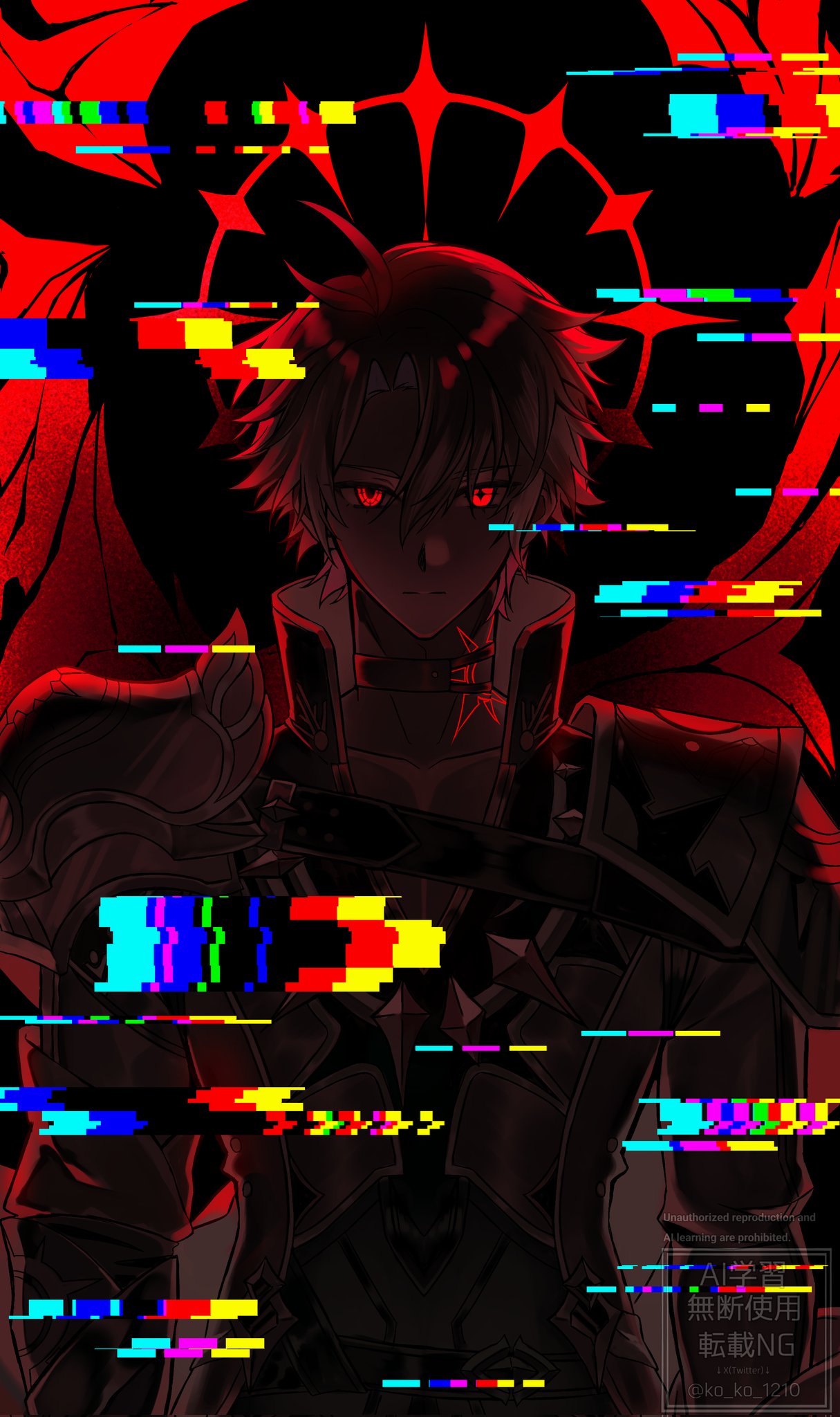 phainon (honkai: star rail), phainon (khaslana) (honkai: star rail), honkai: star rail, honkai (series), highres, 1boy, antenna hair, armor, artist name, asymmetrical wings, belt, black background, choker, closed mouth, collarbone, glitch, hair between eyes, halo, halo behind head, ko ko 1210, looking at viewer, male focus, neck tattoo, red eyes, short hair, shoulder armor, simple background, solo, sun symbol, sun tattoo, tan, tattoo, watermark, wings