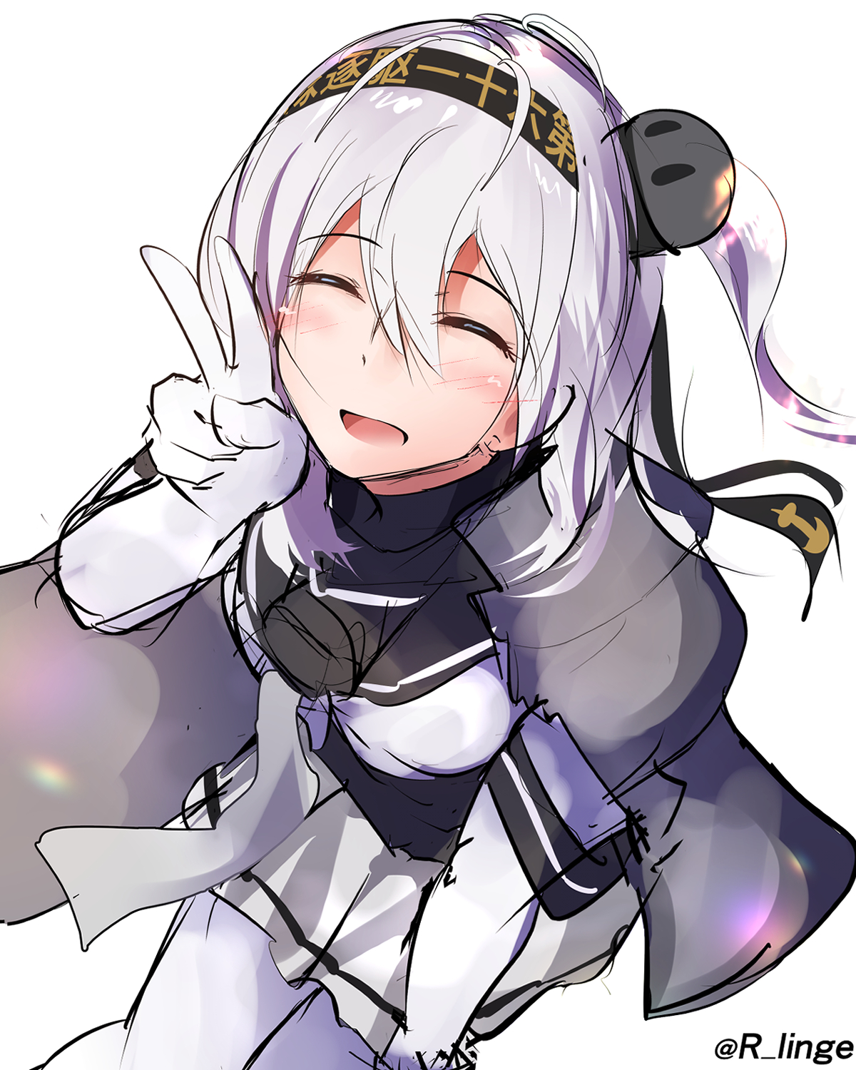 lingerie (aki3240), suzutsuki (kancolle), kantai collection, highres, 1girl, black sailor collar, closed eyes, elbow gloves, feet out of frame, gloves, headband, headgear, jacket, jacket on shoulders, long hair, one-hour drawing challenge, one side up, pantyhose, sailor collar, school uniform, serafuku, shirt, sitting, smile, solo, white gloves, white pantyhose, white shirt, whtie skirt
