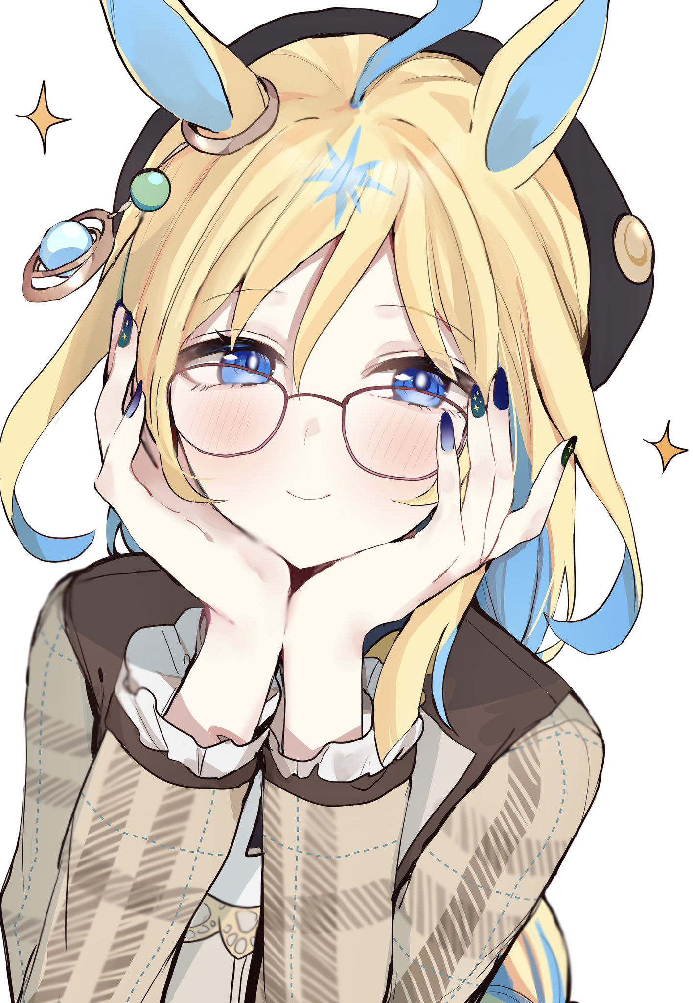 pof (peuplierpof), neo universe (like "zeer") (umamusume), neo universe (umamusume), umamusume, highres, 1girl, ahoge, alternate hairstyle, animal ears, beret, black hat, blonde hair, blue eyes, blue hair, blue nails, blush, braid, closed mouth, colored inner hair, glasses, hair ornament, hands on own chin, hat, head rest, horse ears, horse girl, long hair, long sleeves, looking at viewer, multicolored hair, nail polish, official alternate costume, official alternate hairstyle, simple background, smile, solo, two-tone hair, upper body, white background