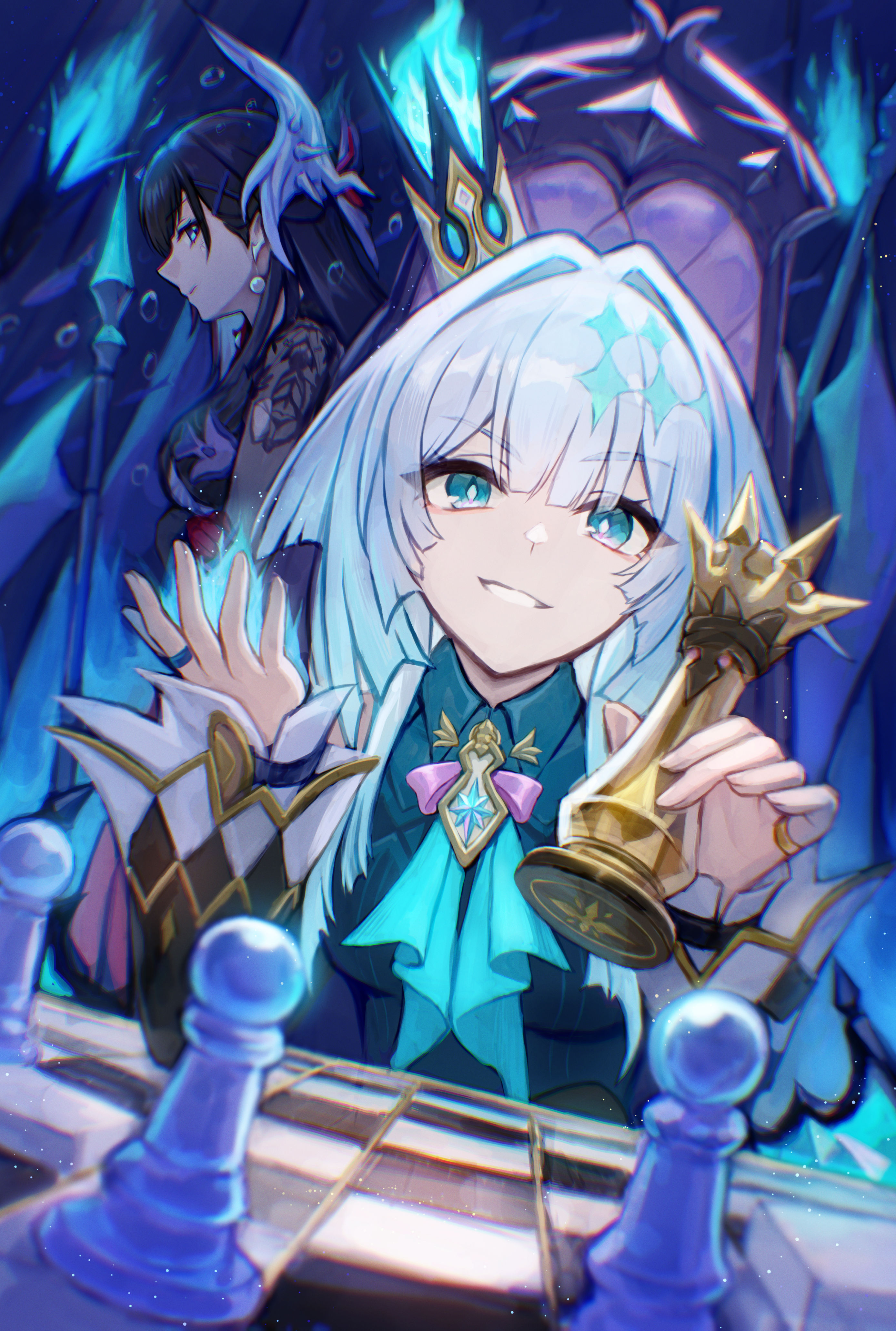 isome, cerydra (honkai: star rail), hysilens (honkai: star rail), honkai: star rail, honkai (series), absurdres, highres, 2girls, aqua eyes, black dress, black hair, board game, breasts, chess, chess piece, closed mouth, collared shirt, crown, dress, green shirt, hair intakes, hair ornament, holding, holding chess piece, jewelry, long hair, long sleeves, looking at viewer, medium breasts, mini crown, multiple girls, open mouth, pawn (chess), ring, shirt, smile, very long hair, white hair