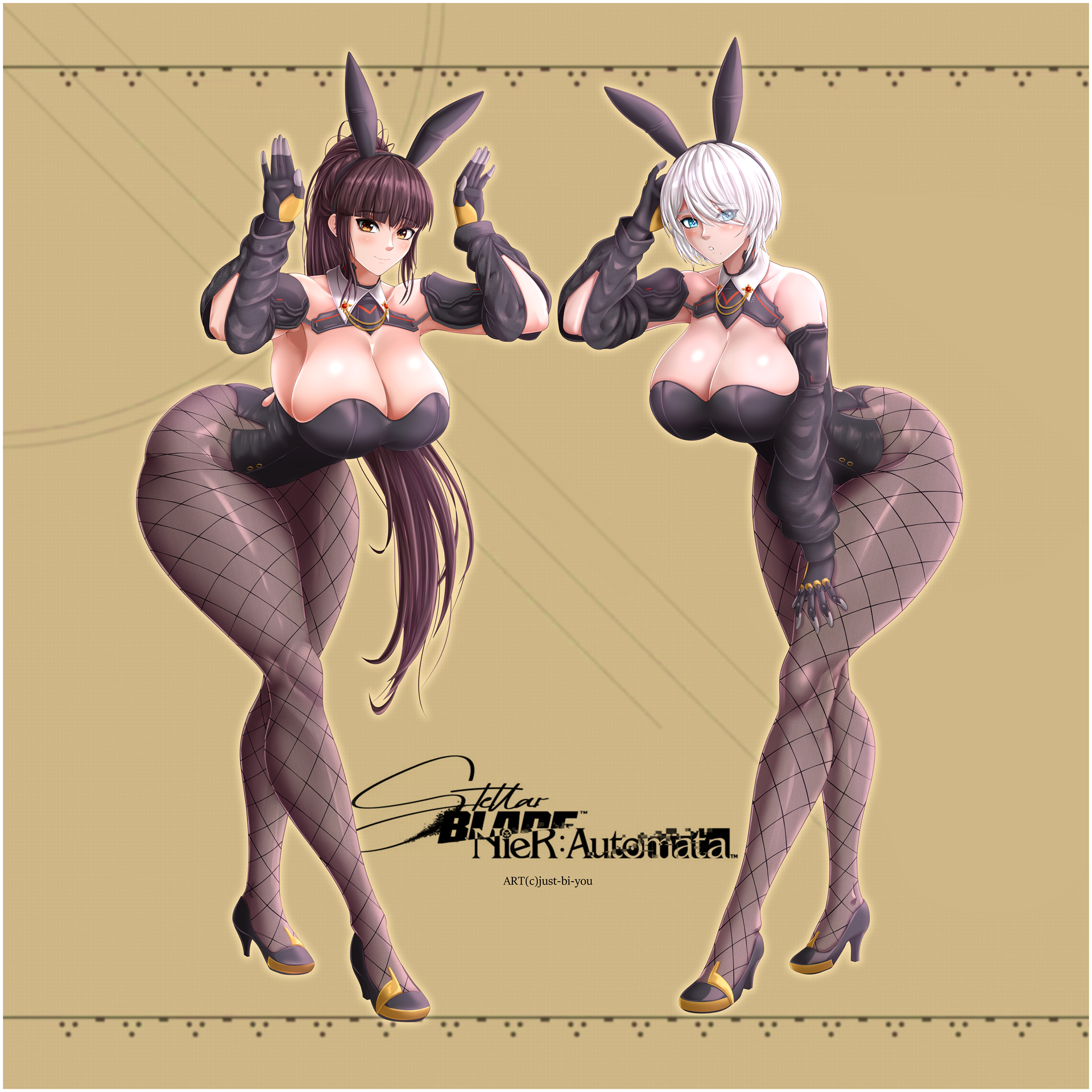 2b (nier:automata), eve (stellar blade), nier:automata, nier (series), stellar blade, 2girls, breasts, huge breasts, long hair, multiple girls