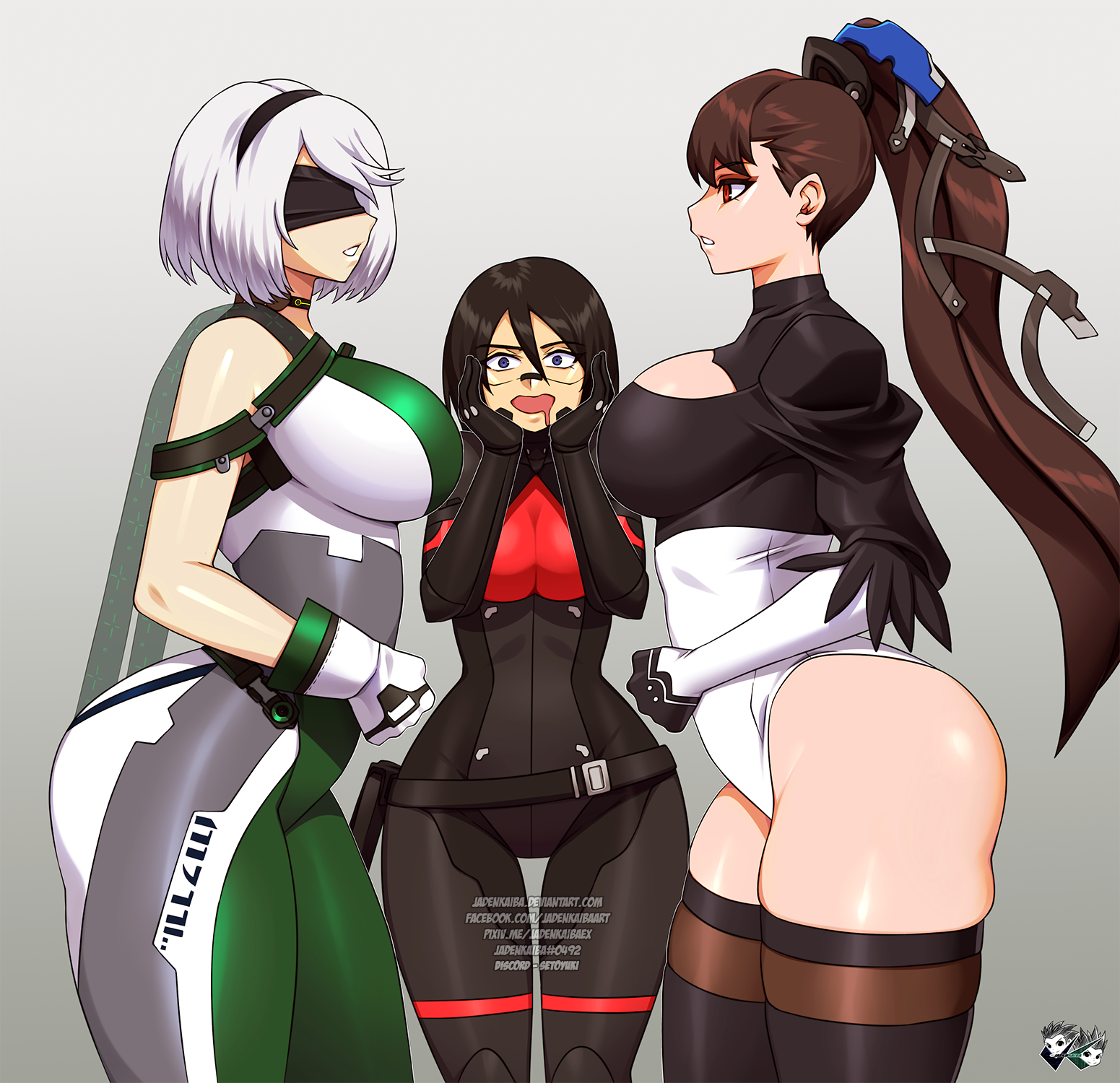 jadenkaiba, 2b (nier:automata), elster (signalis), eve (stellar blade), nier:automata, nier (series), signalis, stellar blade, 3girls, breasts, cosplay, costume switch, large breasts, long hair, multiple girls