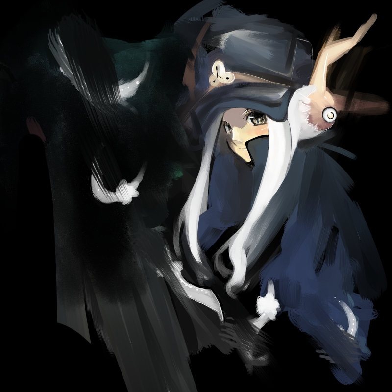 kanikama, fumika, shigofumi, silver hair, 00s, 1girl, afterimage, antlers, black background, black hat, blurry, blush, brown eyes, cloak, closed mouth, feathers, female focus, hat, horns, long hair, looking at viewer, motion blur, shako cap, simple background, smile, solo, upper body