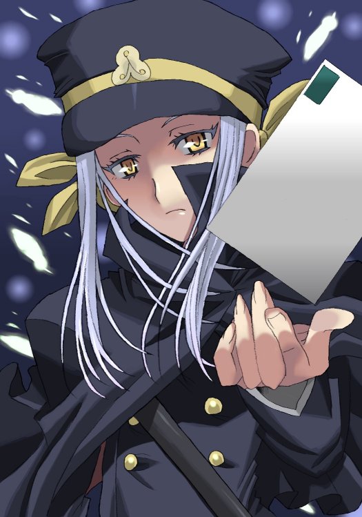 fumika, shigofumi, silver hair, 00s, blue hair, feathers, hat, letter, ribbon, shako cap, solo, yellow eyes