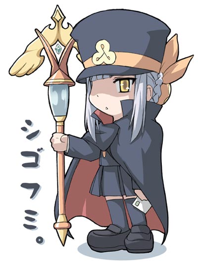 bioroid hei, fumika, kanaka, shigofumi, 00s, 1girl, blue hair, cape, chibi, female focus, hat, letter, shako cap, solo, staff, thighhighs, yellow eyes
