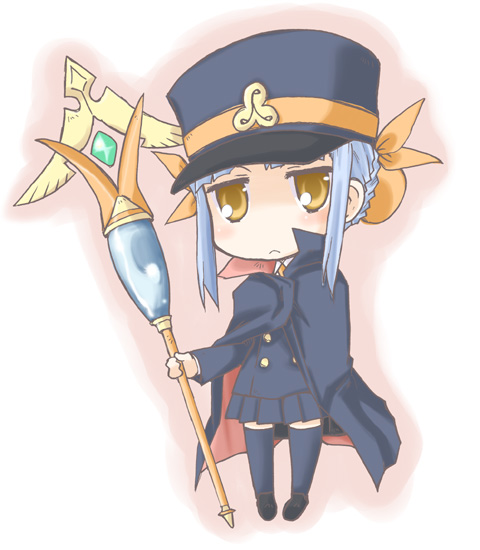 kairakuen umenoka, fumika, kanaka, shigofumi, silver hair, 00s, cape, hat, shako cap, solo, staff, thighhighs, yellow eyes