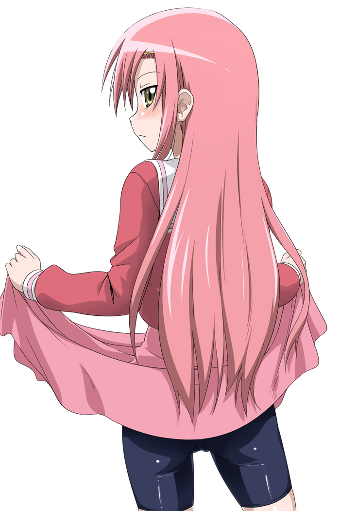 youkan, katsura hinagiku, hayate no gotoku!, 00s, 1girl, ass, bike shorts, blush, clothes lift, female focus, from behind, frown, hair ornament, hairclip, latex, long hair, looking back, pink hair, school uniform, serafuku, shiny clothes, simple background, skirt, skirt lift, solo, spandex, yellow eyes