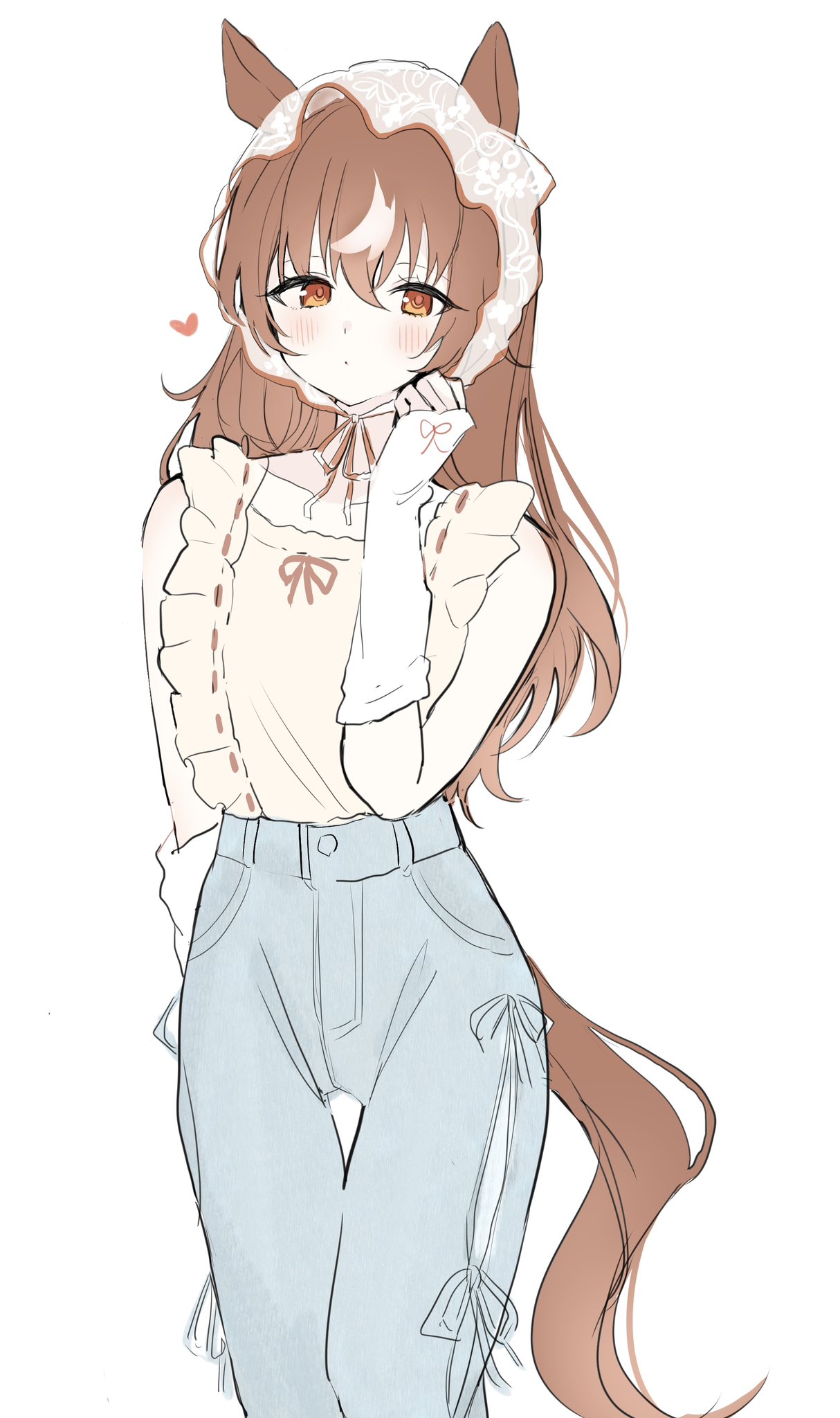 pof (peuplierpof), still in love (umamusume), umamusume, highres, 1girl, alternate costume, animal ears, blue pants, brown hair, casual, denim, fingerless gloves, frilled shirt, frills, gloves, hair between eyes, hand up, heart, horse ears, horse girl, horse tail, jeans, long hair, long sleeves, looking at viewer, multicolored hair, orange eyes, pants, shirt, shirt tucked in, simple background, solo, streaked hair, tail, white background, white gloves, white hair, yellow shirt