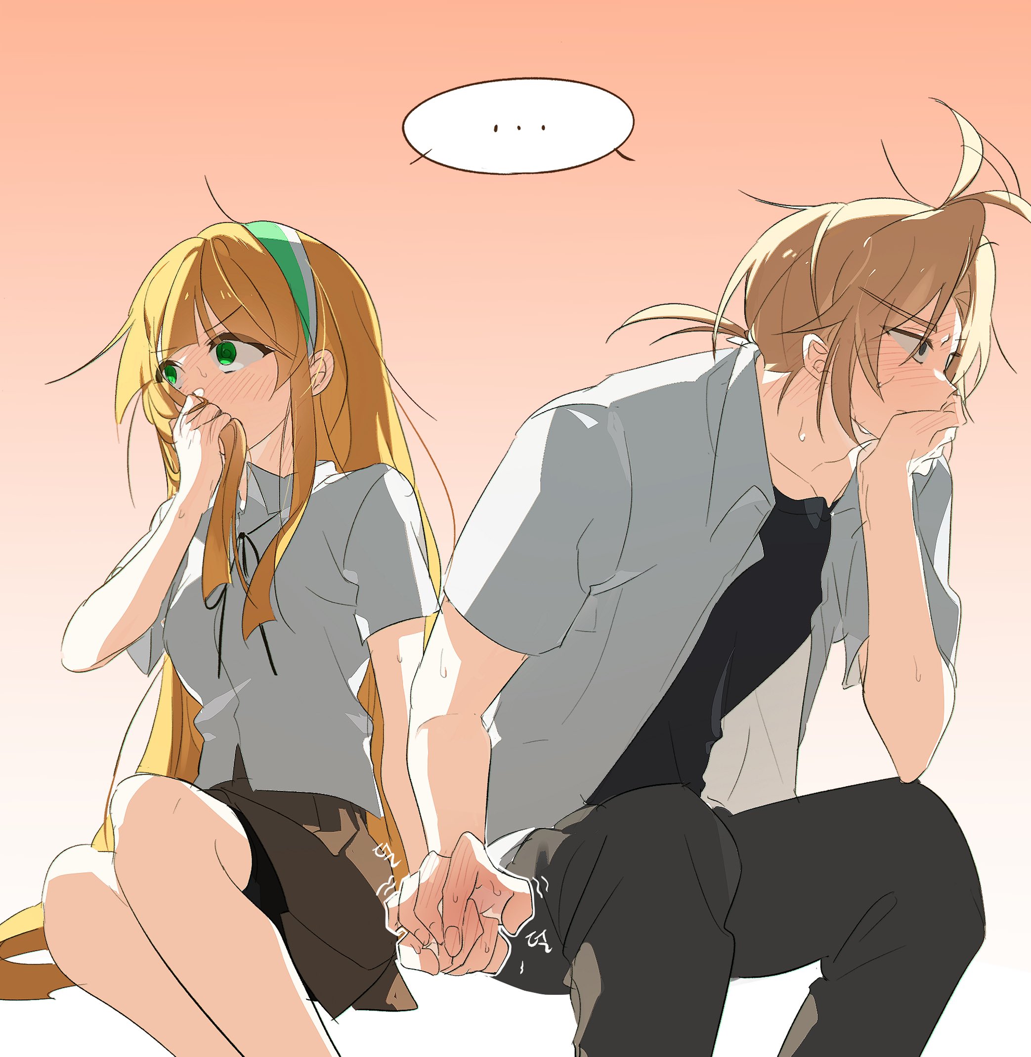 zombie high school, highres, …, 1boy, 1girl, black pants, black shirt, blonde hair, blush, brown skirt, covering own mouth, gradient background, green eyes, hairband, hetero, holding hands, long hair, nam seon-ji, open clothes, open shirt, opennep, pak chan-yeong, pants, pleated skirt, ponytail, ribbon, school uniform, shirt, short sleeves, sitting, skirt, spoken ellipsis, sweat, very long hair, white shirt