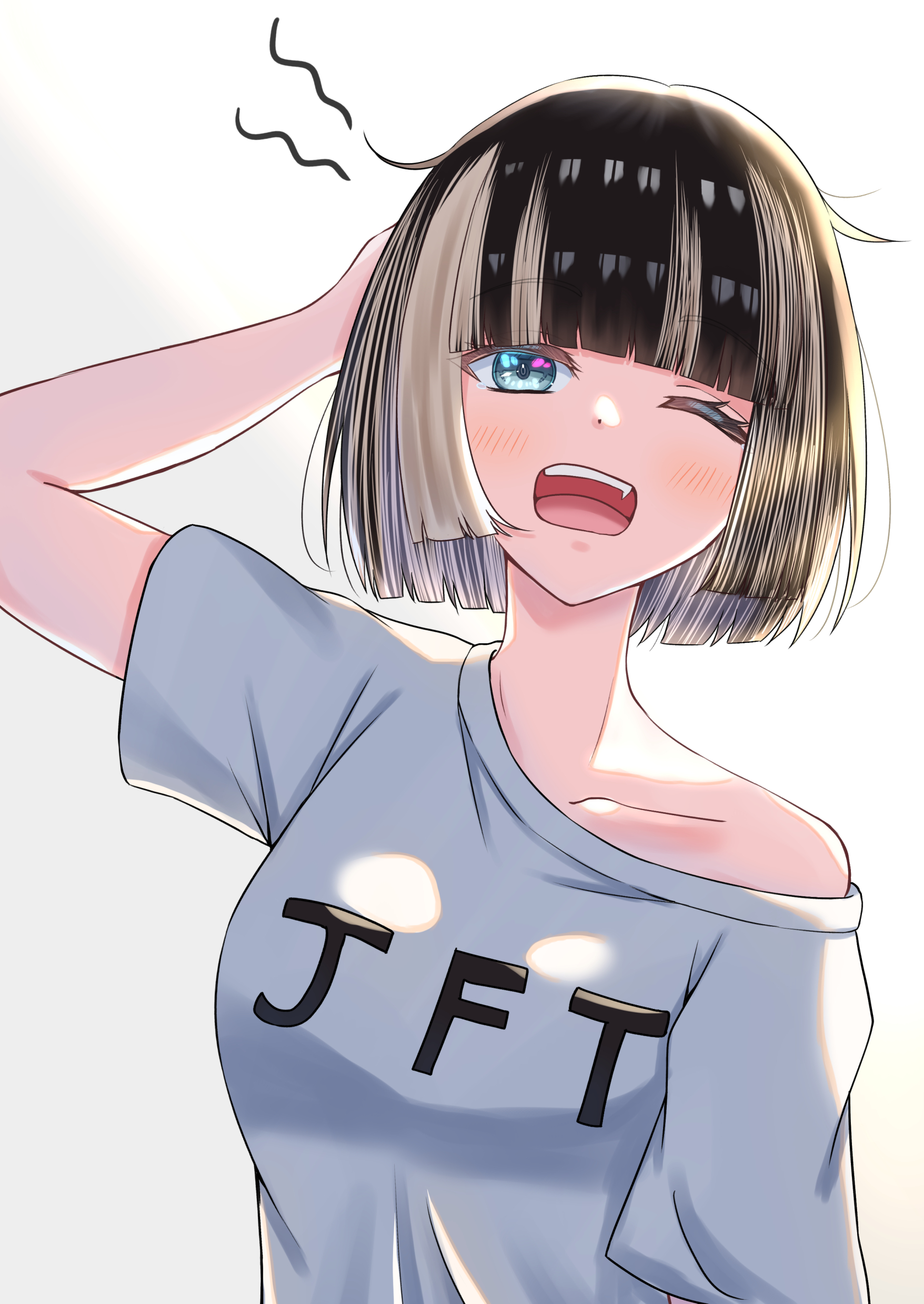 suzuka (suzukawu), juufuutei raden, hololive, hololive dev is, absurdres, commentary request, highres, 1girl, alternate hair length, alternate hairstyle, arm behind head, black hair, bob cut, collarbone, looking at viewer, multicolored hair, one eye closed, open mouth, print shirt, shirt, short hair, single off shoulder, sleepy, solo, streaked hair, teeth, two-tone hair, upper body, upper teeth only, virtual youtuber, white hair, white shirt, yawning