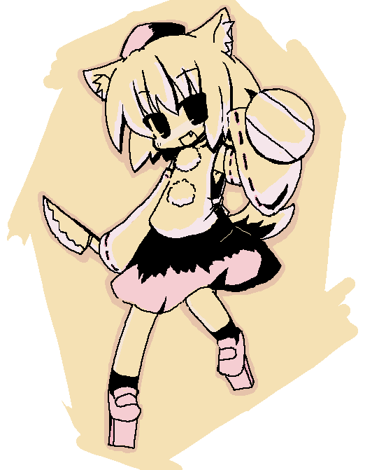 luu, inubashiri momiji, touhou, 1girl, chibi, fang, female focus, knife, monochrome, oekaki, shield, solo, spot color, wolf ears, yellow theme