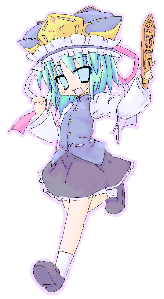 luu, shiki eiki, touhou, 1girl, aqua eyes, black shoes, blush, chibi, fang, female focus, full body, green hair, hat, loafers, oekaki, open mouth, ribbon, rod of remorse, running, shoes, short hair, simple background, skirt, smile, socks, solo