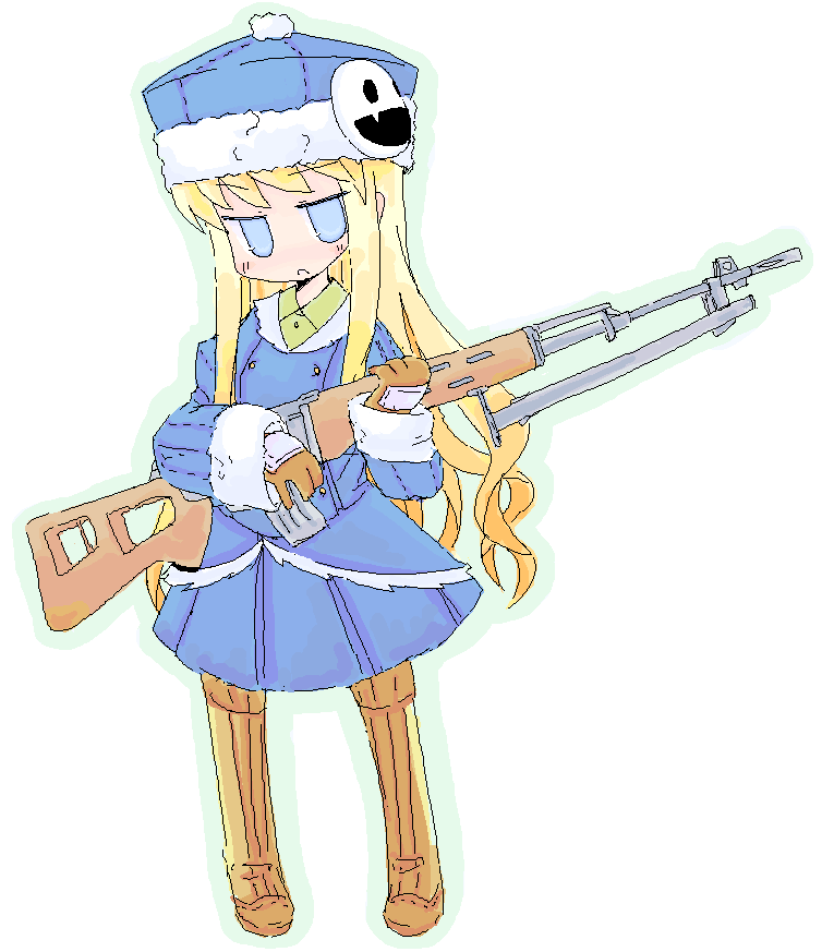 luu, gunner (sekaiju), gunner 2 (sekaiju), jack frost (megami tensei), atlus, etrian odyssey, 1girl, boots, dragunov svd, female focus, fur hat, gun, hat, oekaki, rifle, sniper rifle, solo, weapon, yellow boots