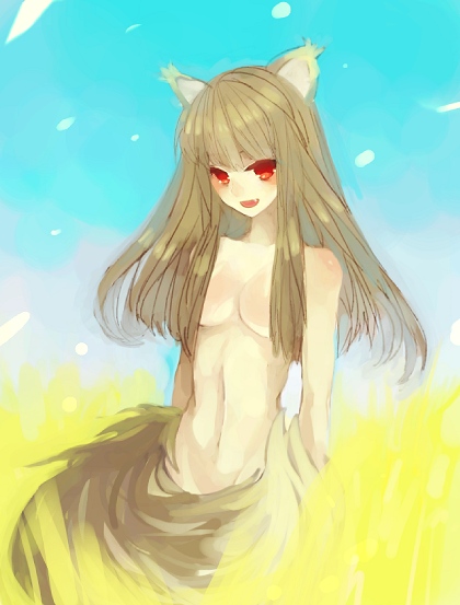 emi (emi43), holo, spice and wolf, 00s, 1girl, animal ears, breasts, female focus, medium breasts, nude, solo, tail, wolf ears, wolf tail