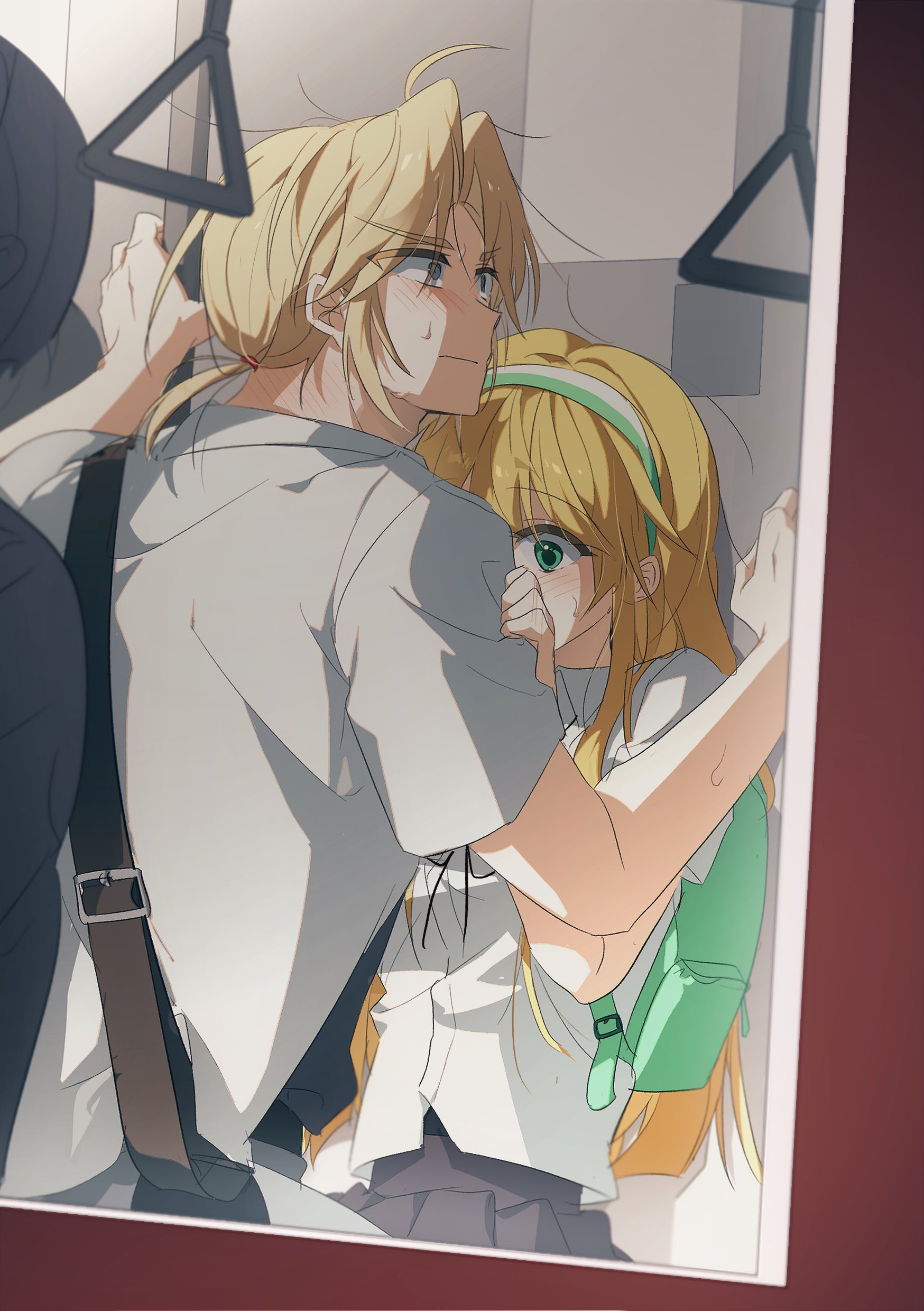 zombie high school, absurdres, highres, 1boy, 1girl, backpack, bag, black skirt, blonde hair, blush, collared shirt, green eyes, hairband, kabedon, long hair, nam seon-ji, opennep, pak chan-yeong, ponytail, ribbon, shirt, short sleeves, skirt, sweat, train interior, white shirt