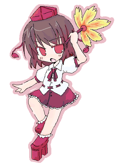 luu, shameimaru aya, touhou, 1girl, blush, chibi, female focus, geta, hat, looking at viewer, oekaki, open mouth, solo, tengu-geta