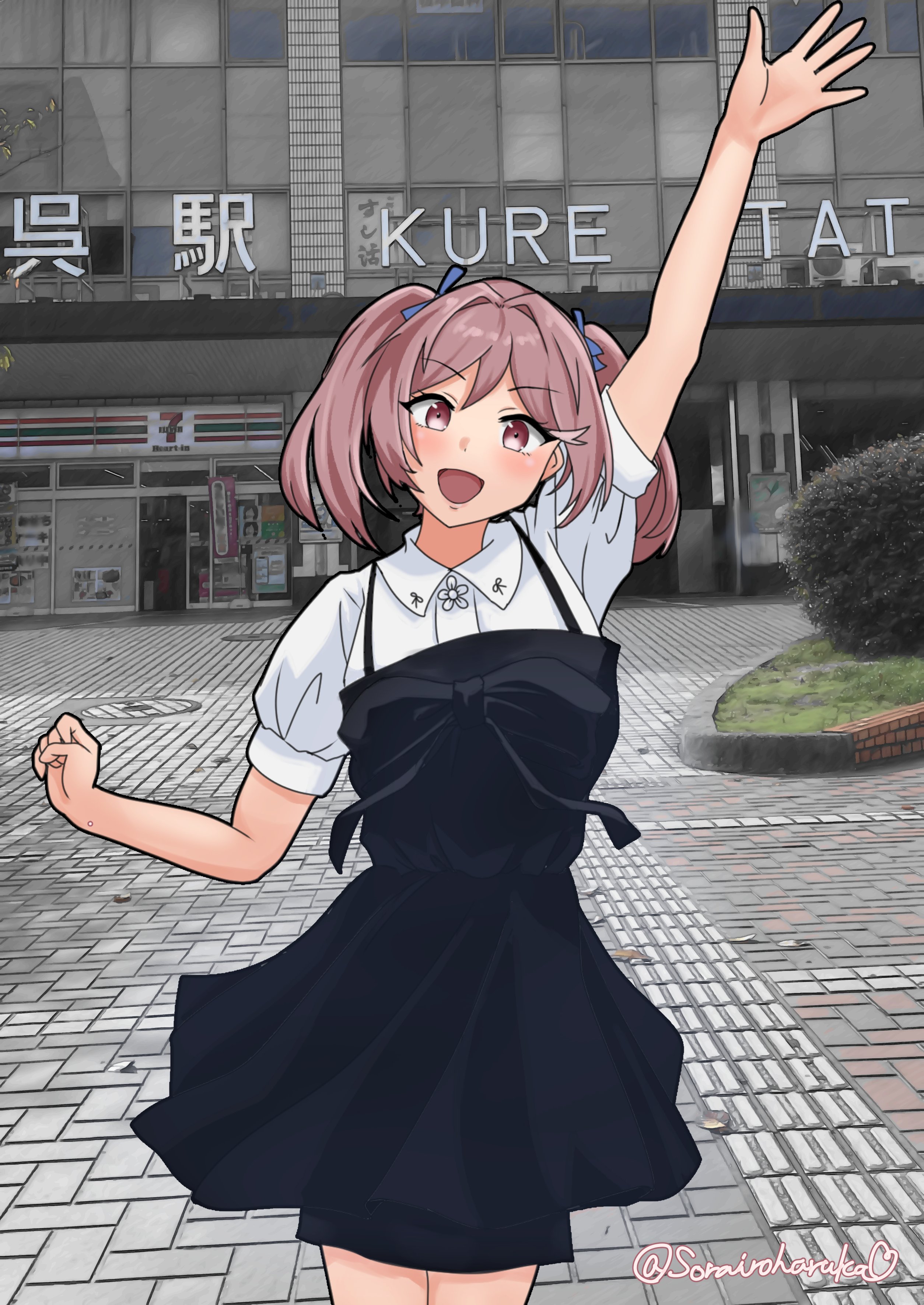 sorairo haruka, sazanami (kancolle), kantai collection, absurdres, commentary request, highres, 1girl, black dress, breasts, collared shirt, dress, dress shirt, feet out of frame, kure (city), medium breasts, official alternate costume, one-hour drawing challenge, photo background, pink hair, red eyes, sazanami (kure) (kancolle), shirt, smile, solo, train station, twintails, waving, white shirt