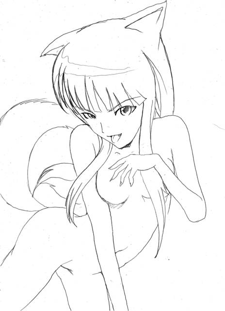 holo, spice and wolf, 00s, 1girl, animal ears, breasts, female focus, greyscale, monochrome, nude, small breasts, solo, tail, wolf ears, wolf tail