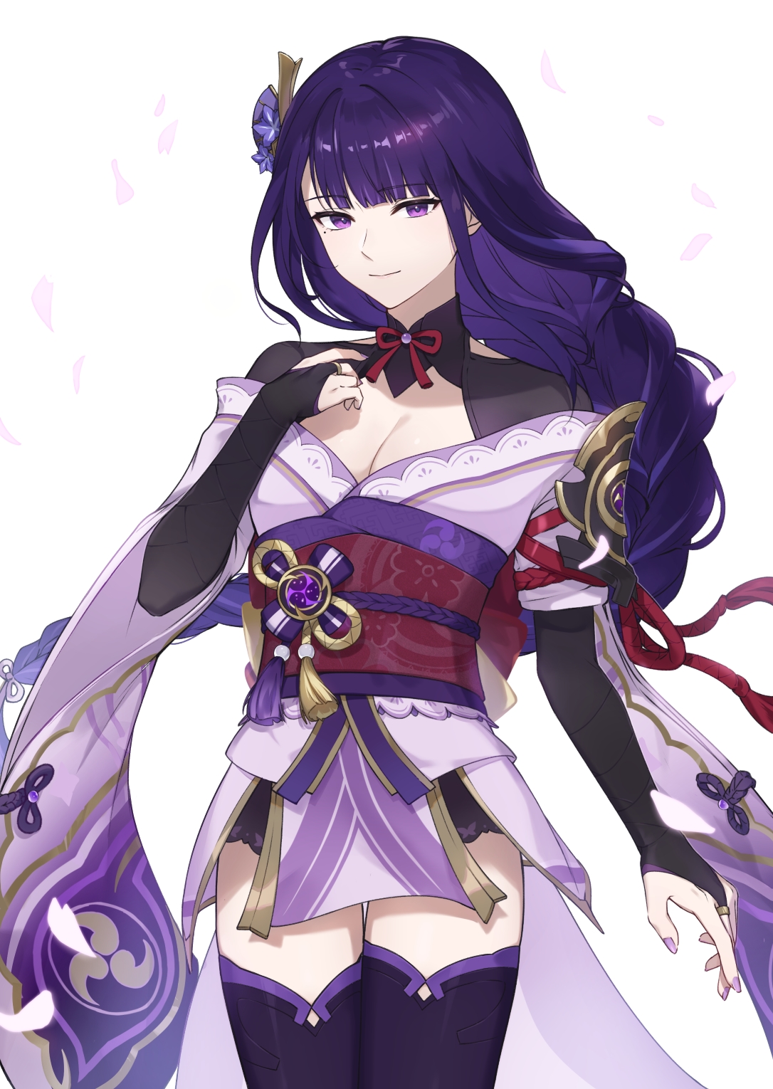 ai (user vtyz5243), raiden shogun, genshin impact, commentary request, highres, 1girl, armor, black panties, black thighhighs, blue pupils, blunt bangs, braid, breasts, bridal gauntlets, cherry blossoms, cleavage, closed mouth, clothing cutout, falling petals, fan hair ornament, flower, flower ornament, hand on own chest, head tilt, japanese clothes, kimono, large breasts, light smile, long braid, long hair, looking at viewer, mitsudomoe (shape), mole, mole under eye, multicolored eyes, multicolored hair, off shoulder, panties, petals, pink petals, purple eyes, purple flower, purple kimono, purple nails, red sash, sash, shade, short sleeves, shoulder armor, shoulder cutout, simple background, single braid, solo, standing, streaked hair, thighhighs, tomoe (symbol), underwear, upper body, white background, wide sleeves