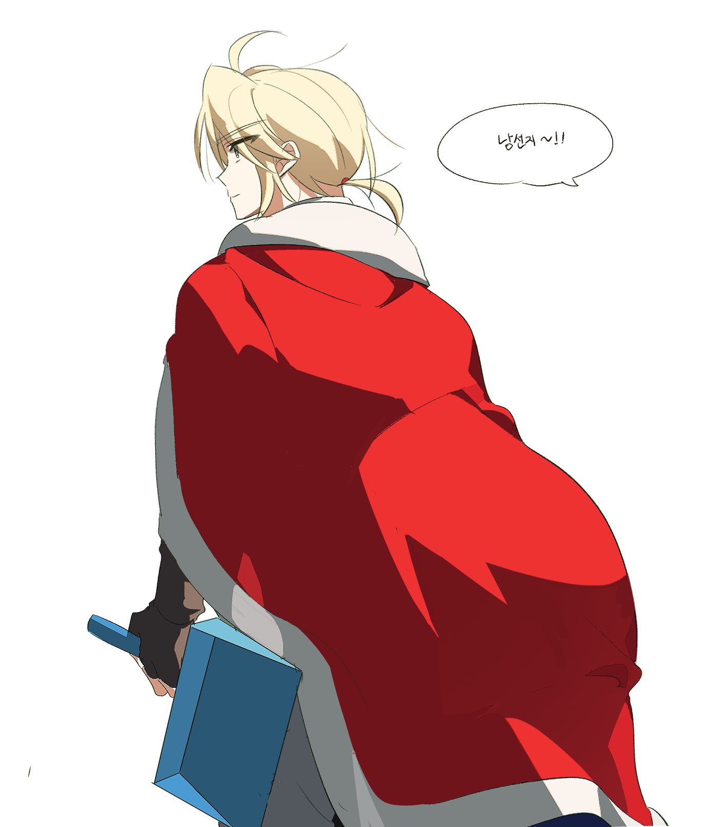 zombie high school, highres, 1boy, ahoge, blonde hair, cape, cloak, gloves, grey eyes, korean text, male focus, opennep, pak chan-yeong, ponytail, simple background, solo, speech bubble, sword, weapon, white background